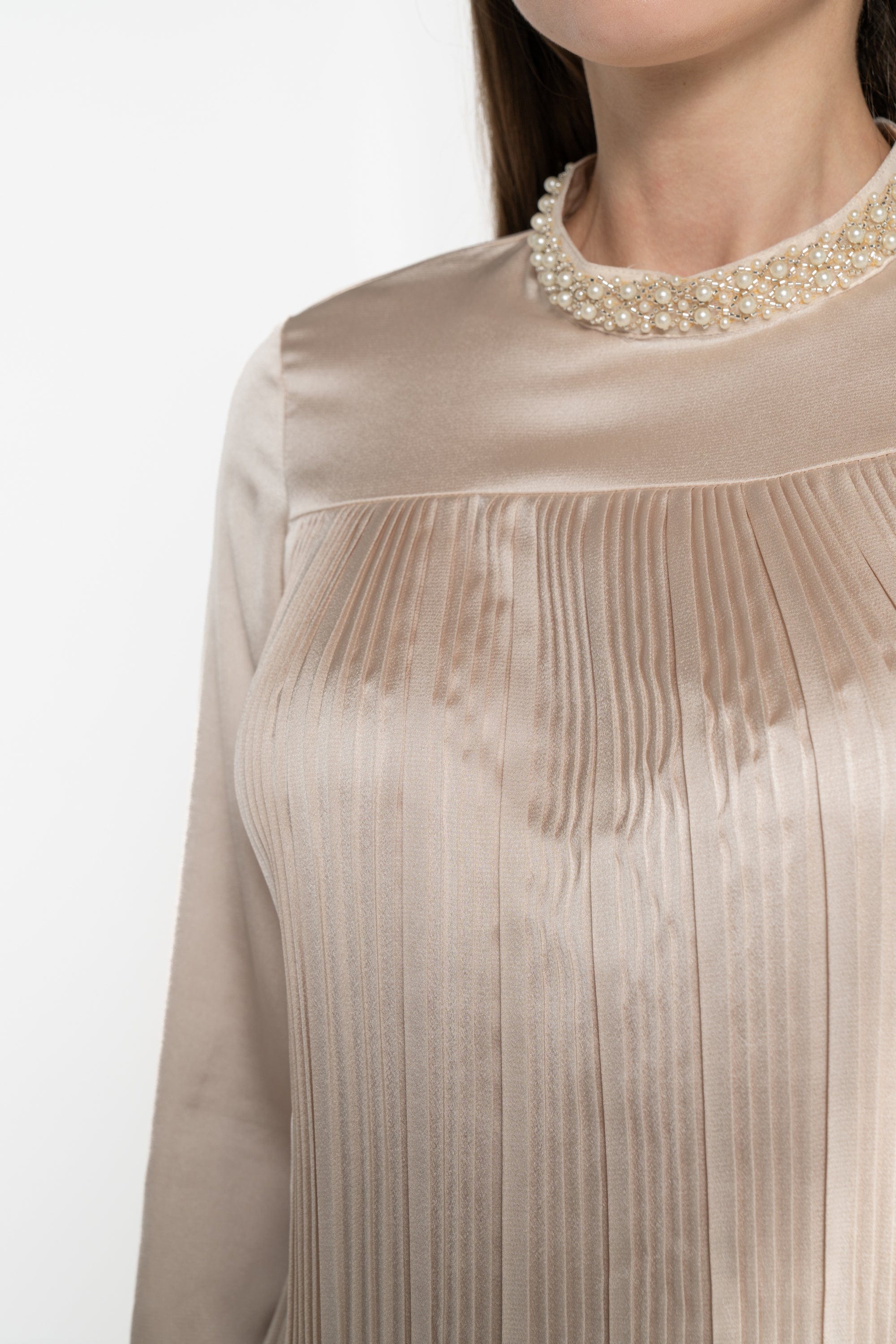 ميكا بلوزة بأكمام طويلة بياقة مزينة باللؤلؤ نسائي