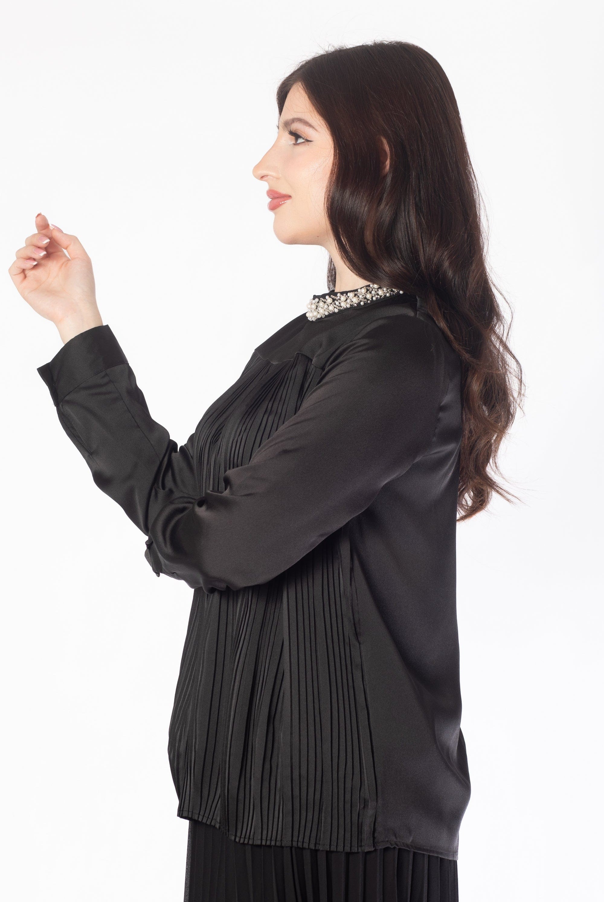 ميكا بلوزة بأكمام طويلة بياقة مزينة باللؤلؤ نسائي