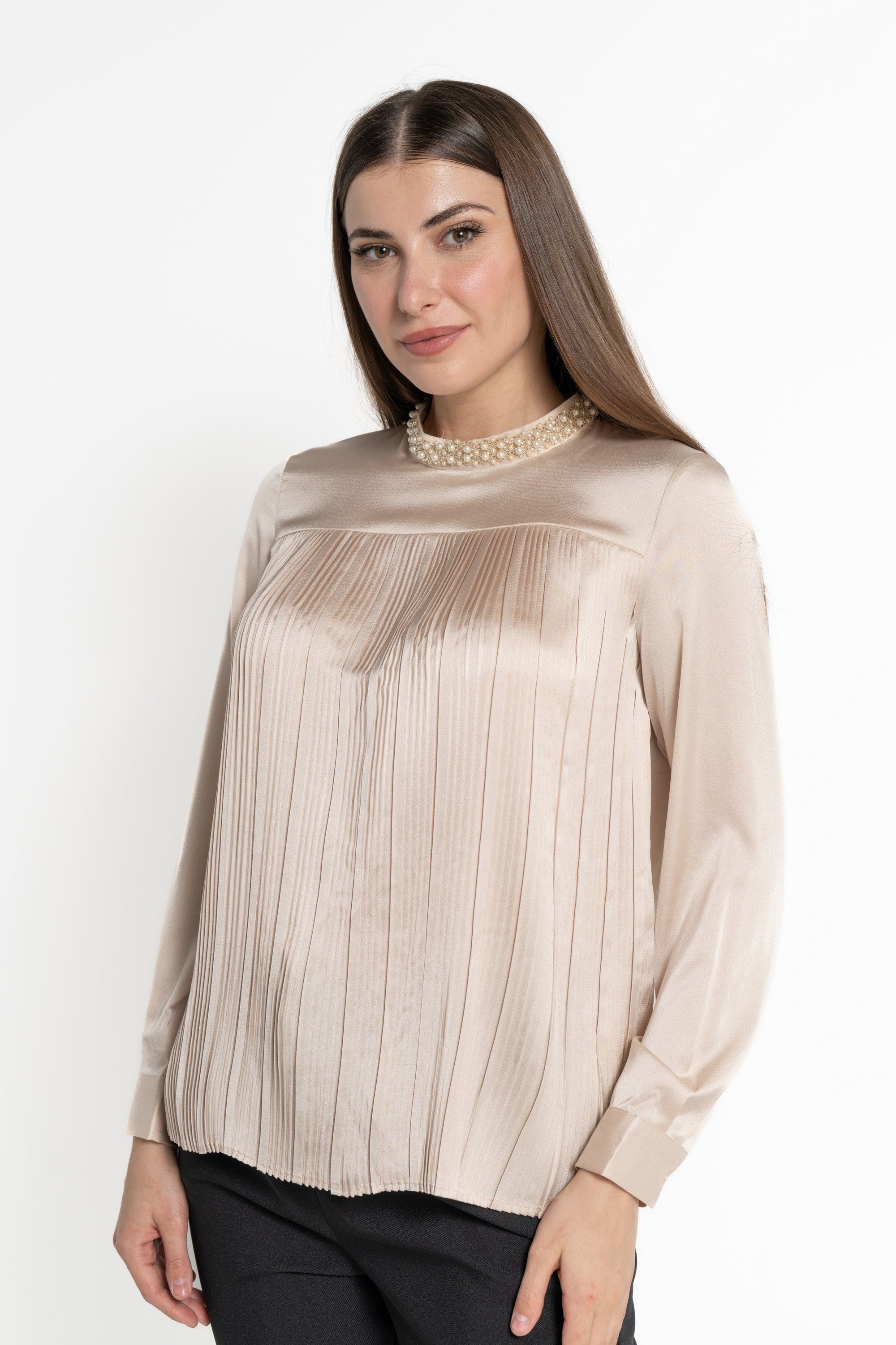 ميكا بلوزة بأكمام طويلة بياقة مزينة باللؤلؤ نسائي