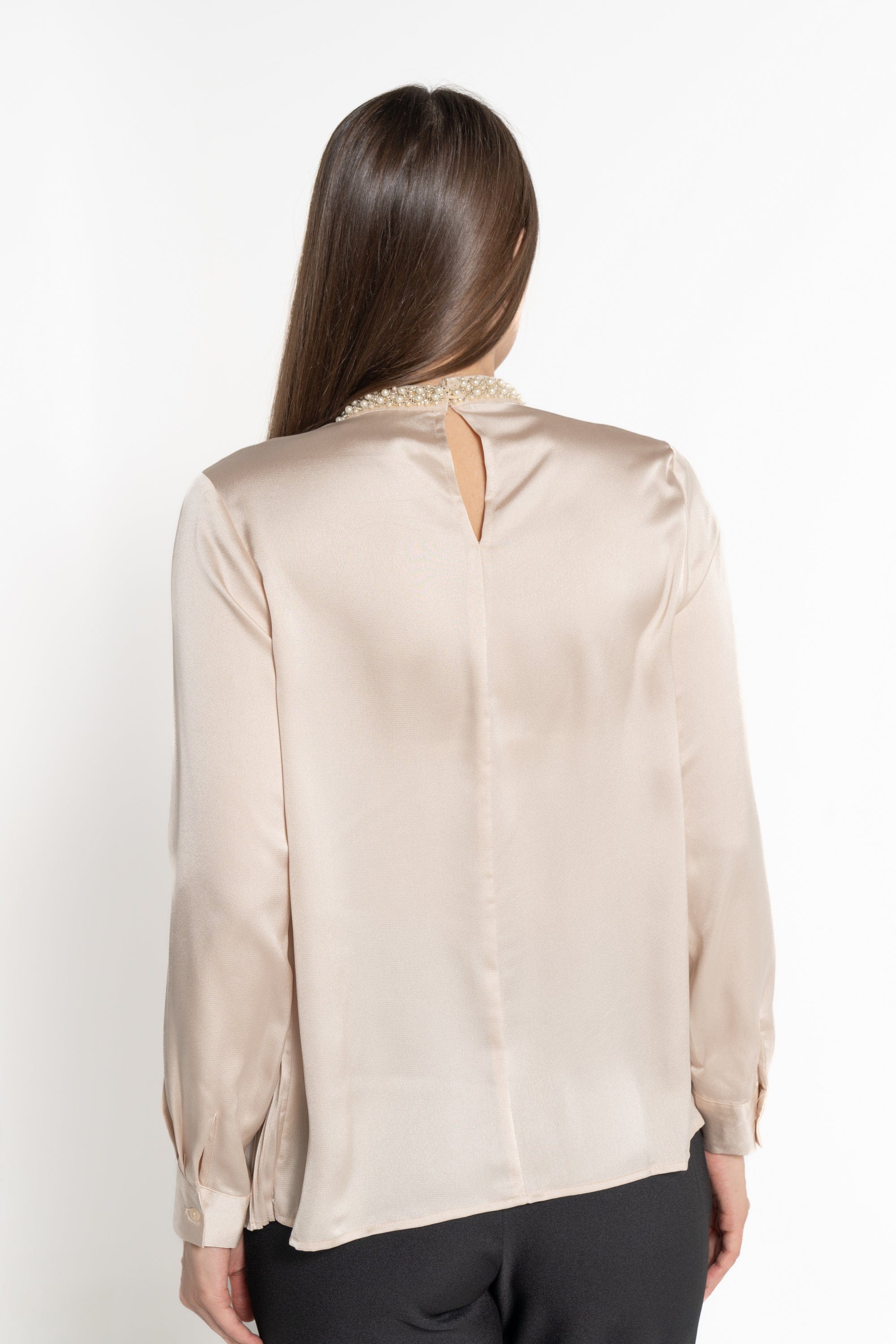 ميكا بلوزة بأكمام طويلة بياقة مزينة باللؤلؤ نسائي