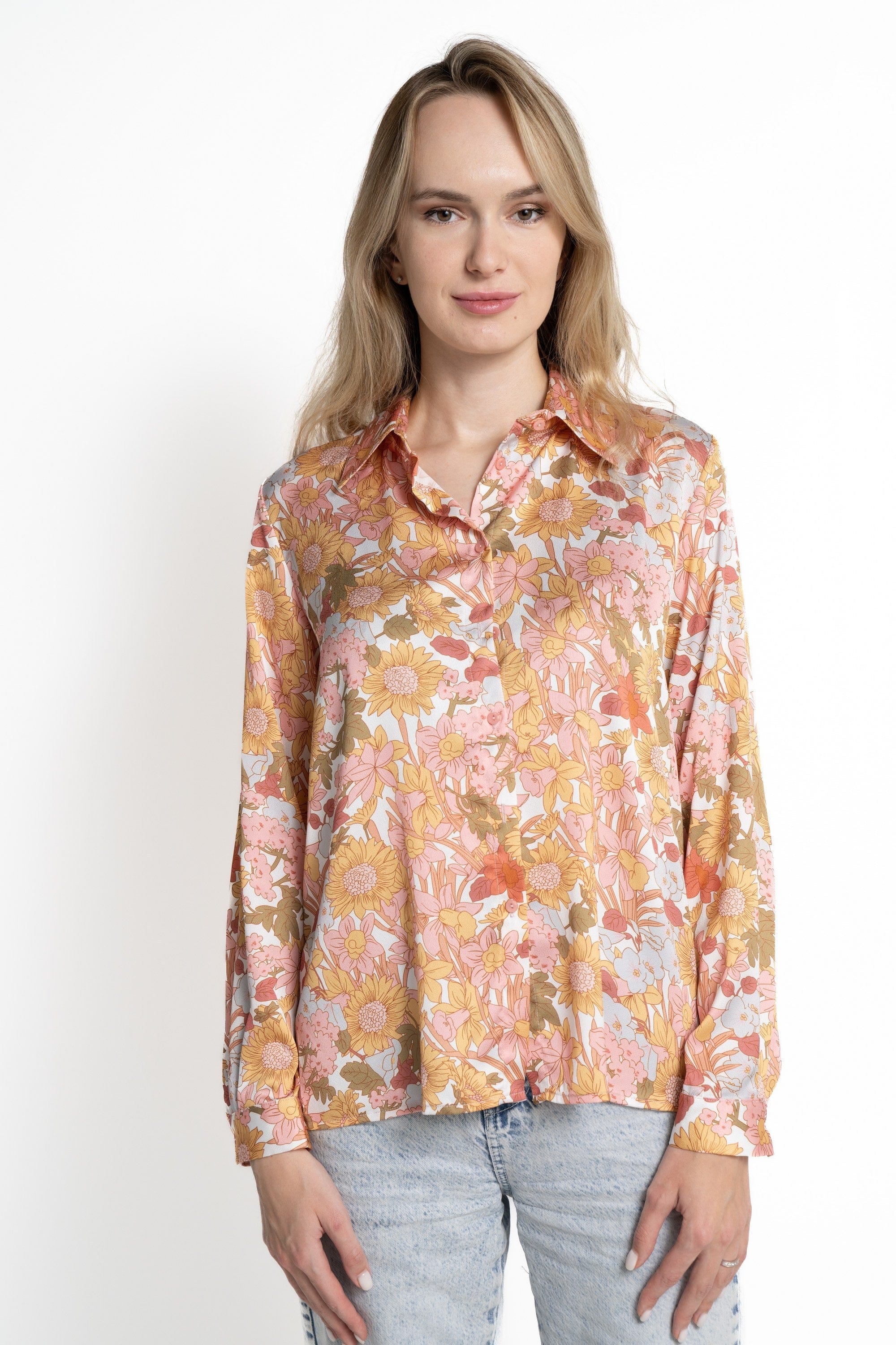 ميكا قميص بأكمام طويلة موردة بأزرار أمامية وياقة نسائي برتقالي