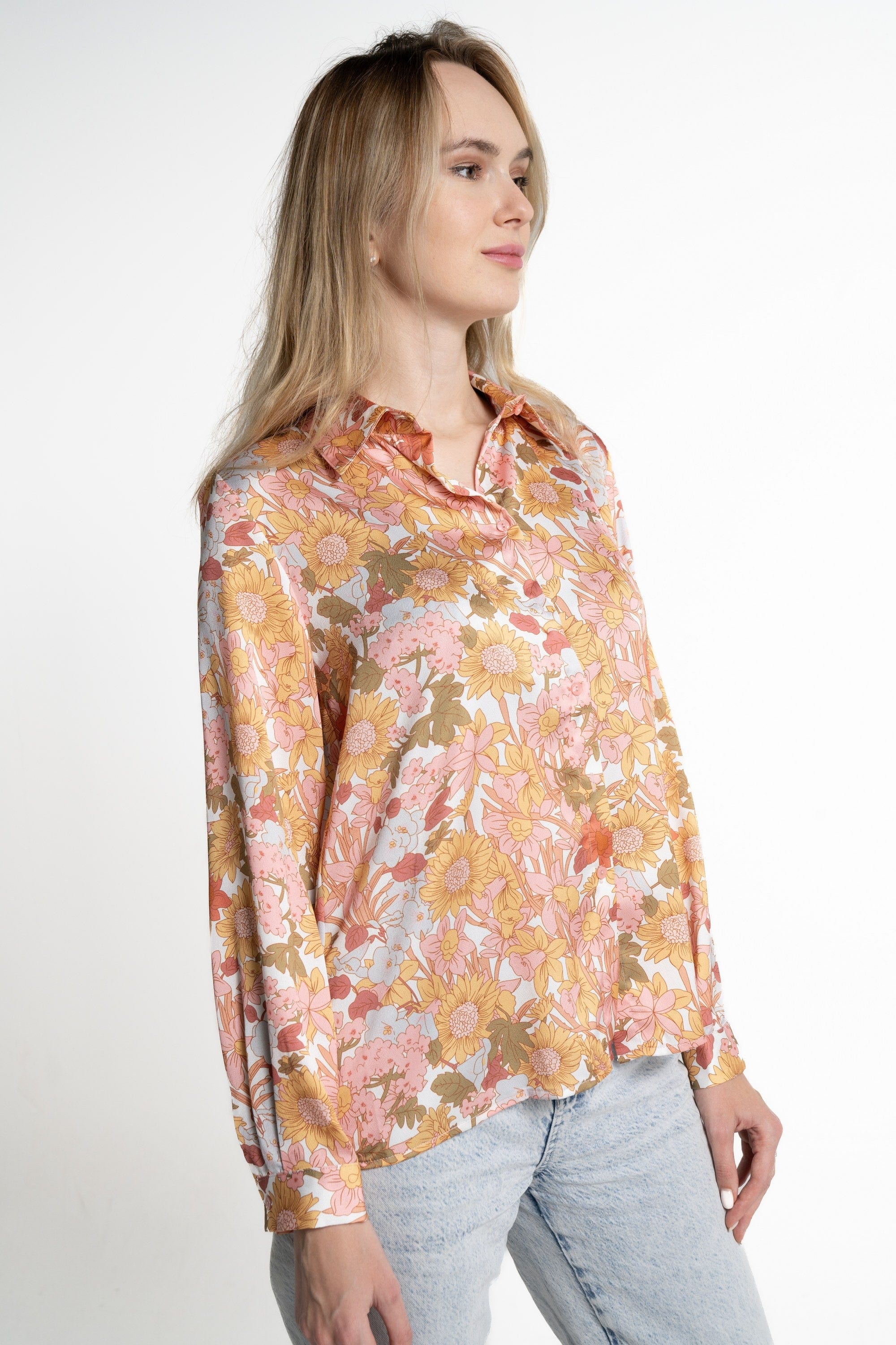 ميكا قميص بأكمام طويلة موردة بأزرار أمامية وياقة نسائي برتقالي