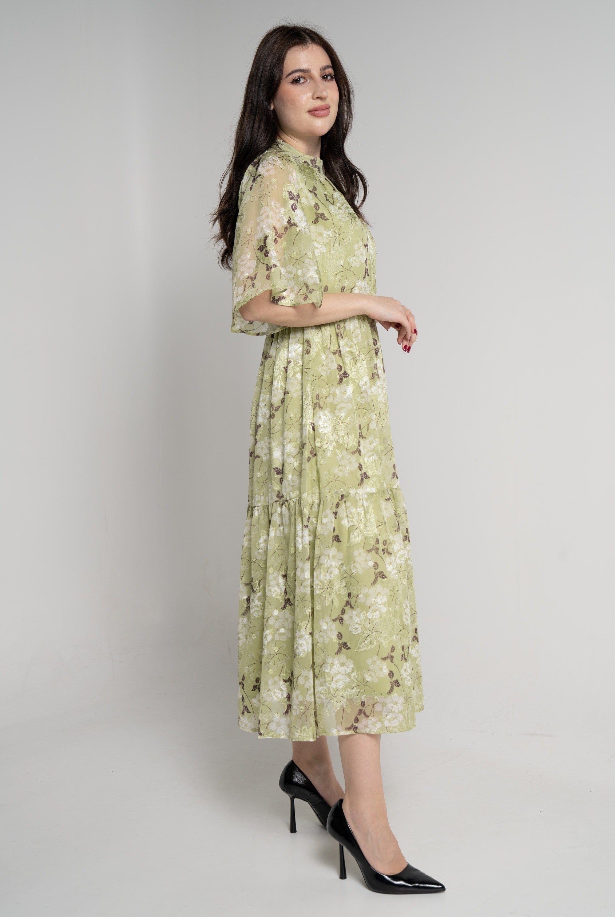 ميكا فستان ميدي بأكمام فراشة موردة نسائي