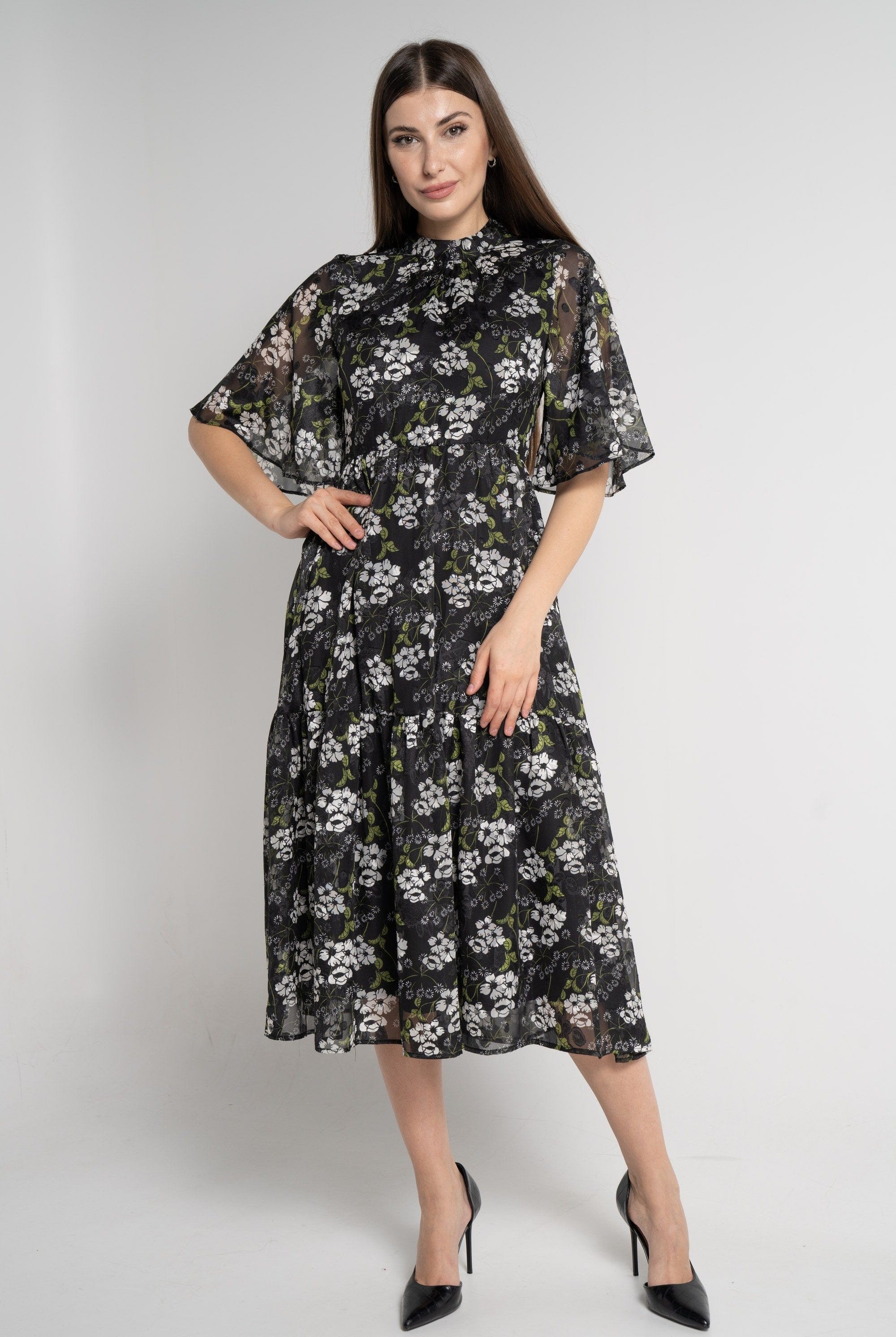 ميكا فستان ميدي بأكمام فراشة موردة نسائي