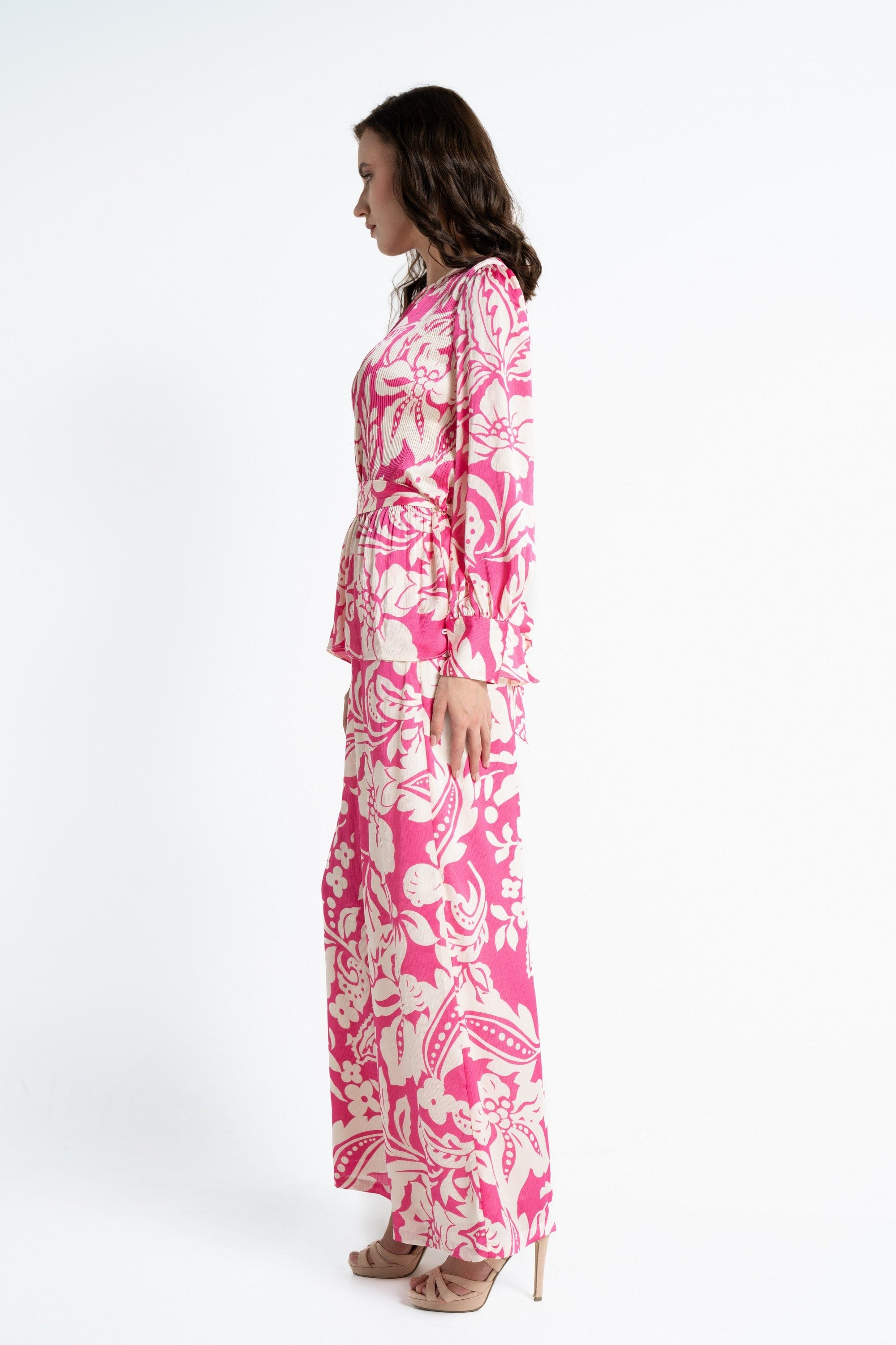 ميكا بنطلون طويل مورد خصر مرتفع واسع نسائي