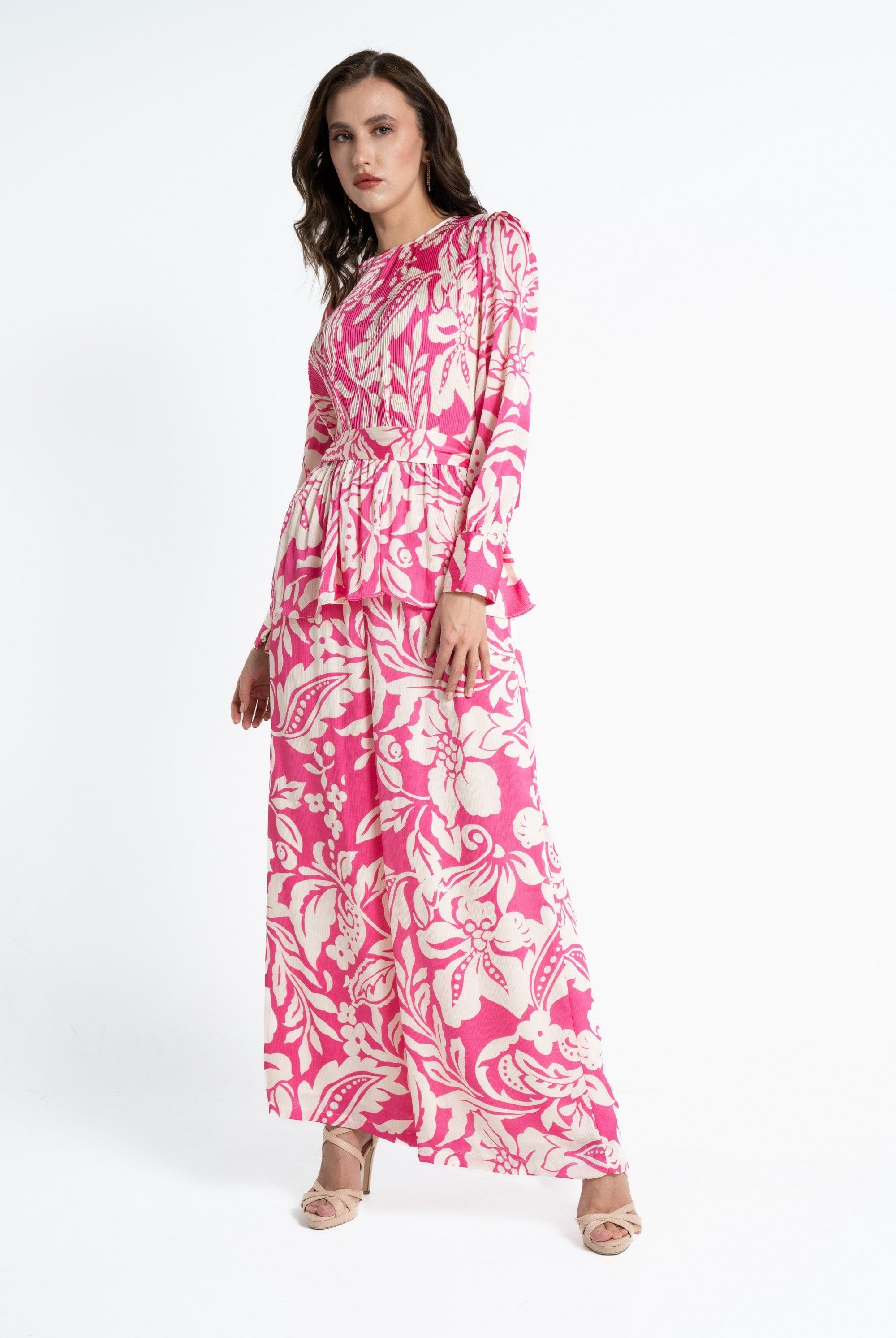 ميكا بنطلون طويل مورد خصر مرتفع واسع نسائي