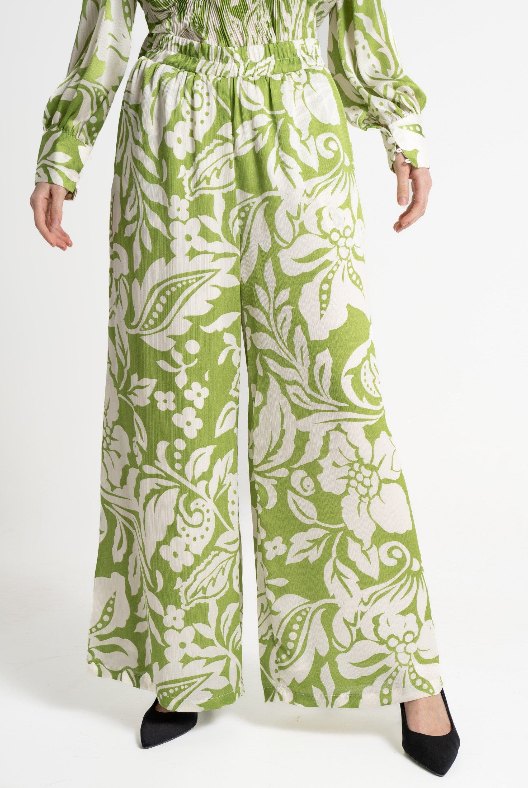 ميكا بنطلون طويل مورد خصر مرتفع واسع نسائي