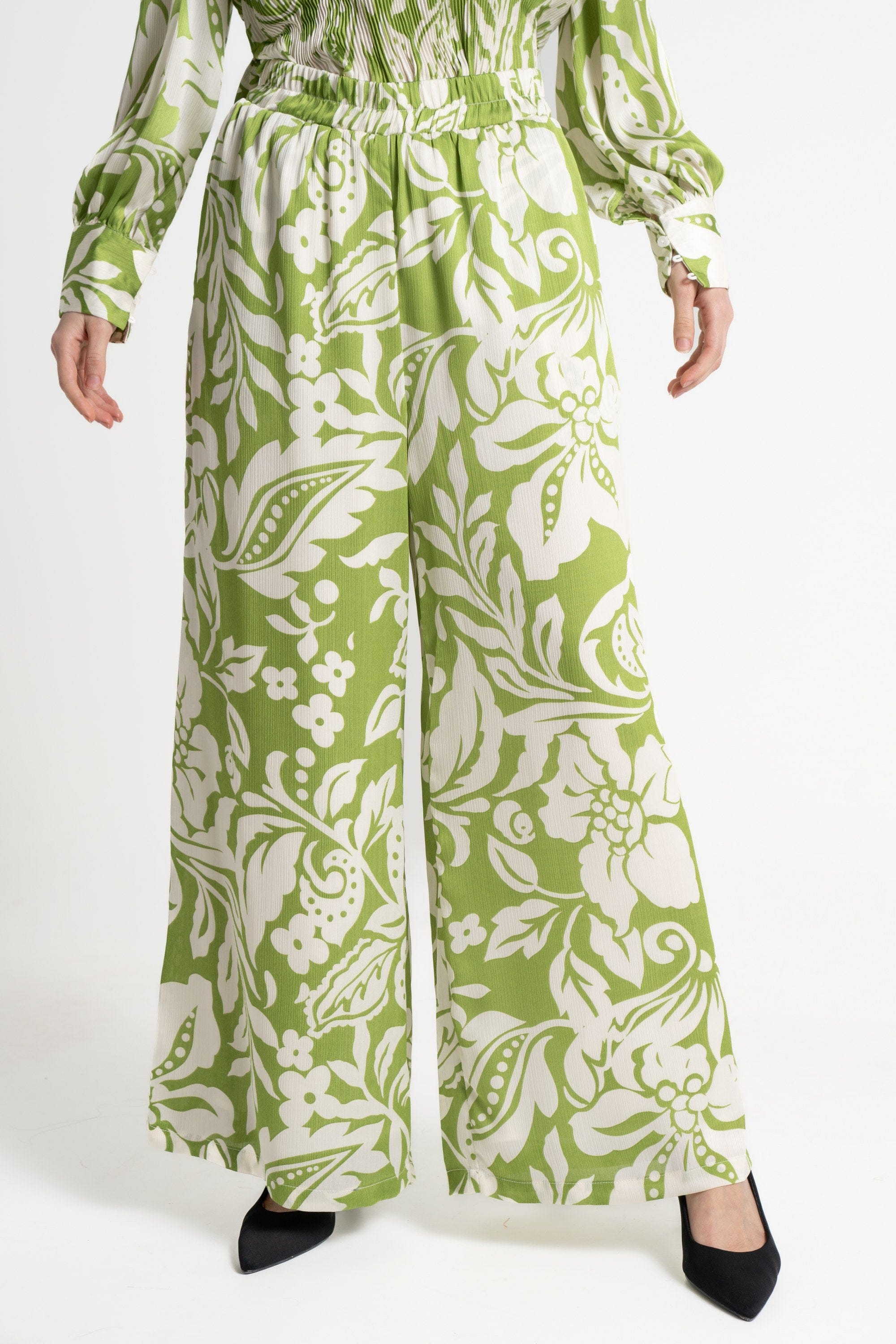 ميكا بنطلون طويل مورد خصر مرتفع واسع نسائي