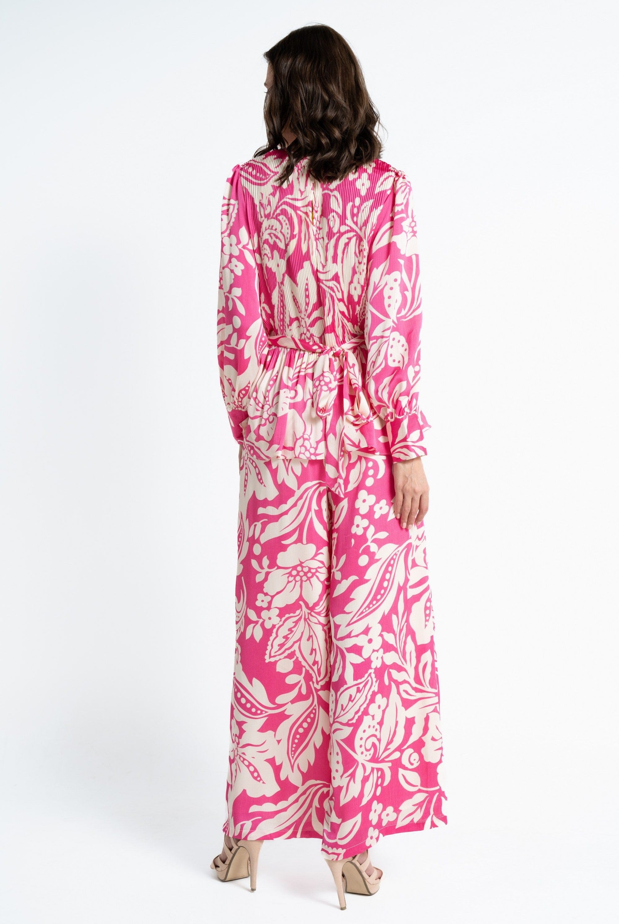 ميكا بنطلون طويل مورد خصر مرتفع واسع نسائي