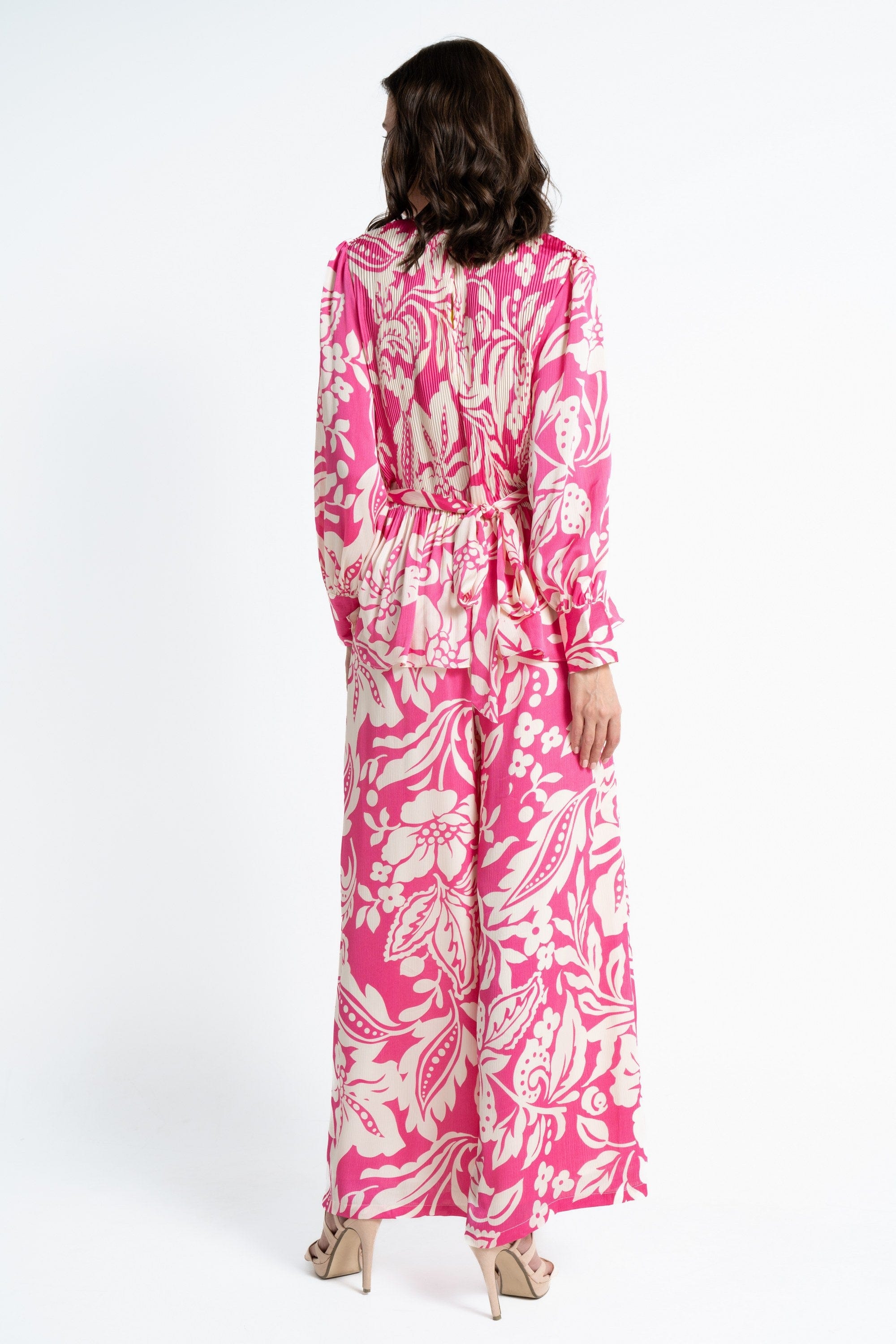 ميكا بنطلون طويل مورد خصر مرتفع واسع نسائي