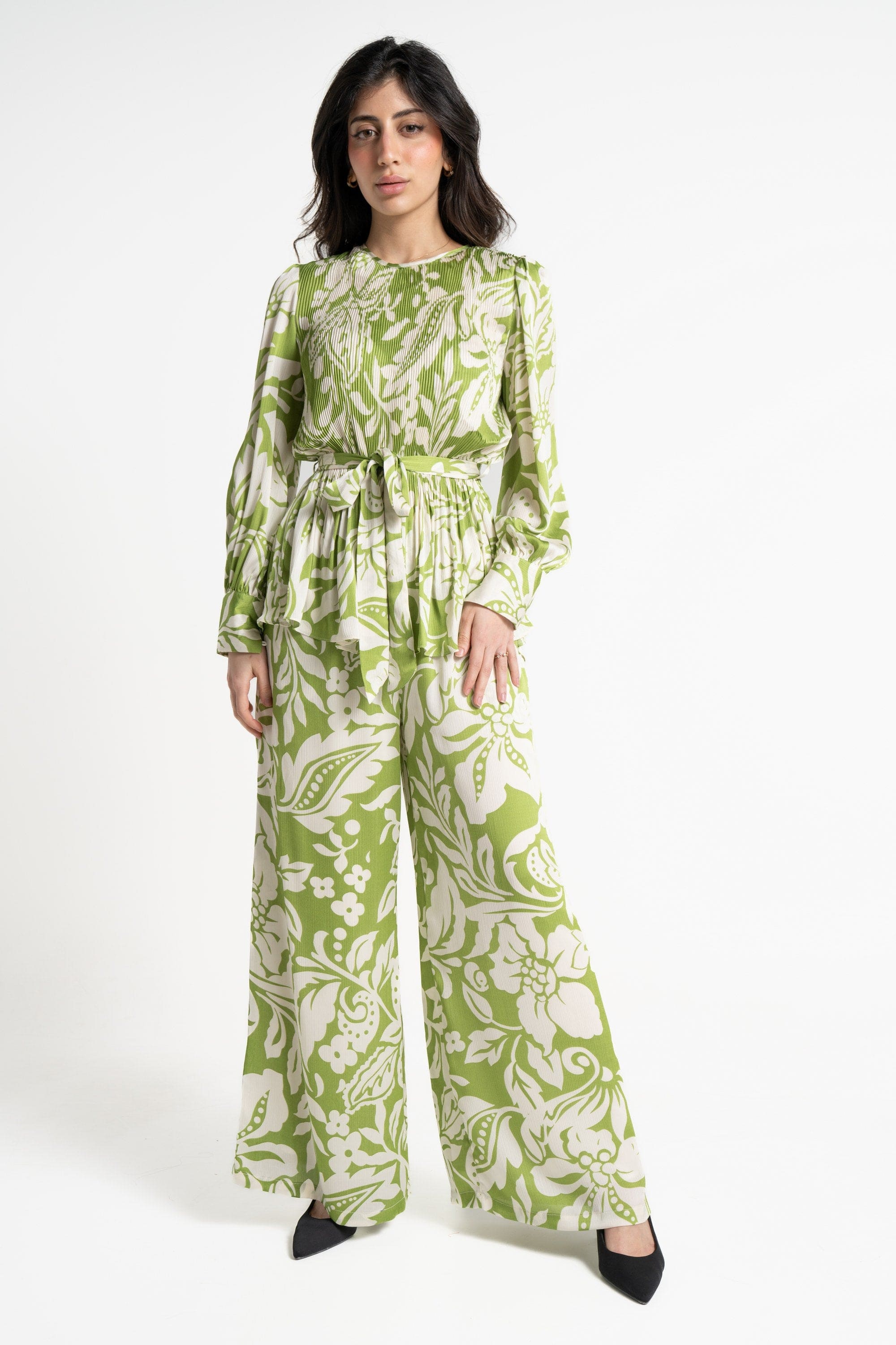 ميكا بنطلون طويل مورد خصر مرتفع واسع نسائي