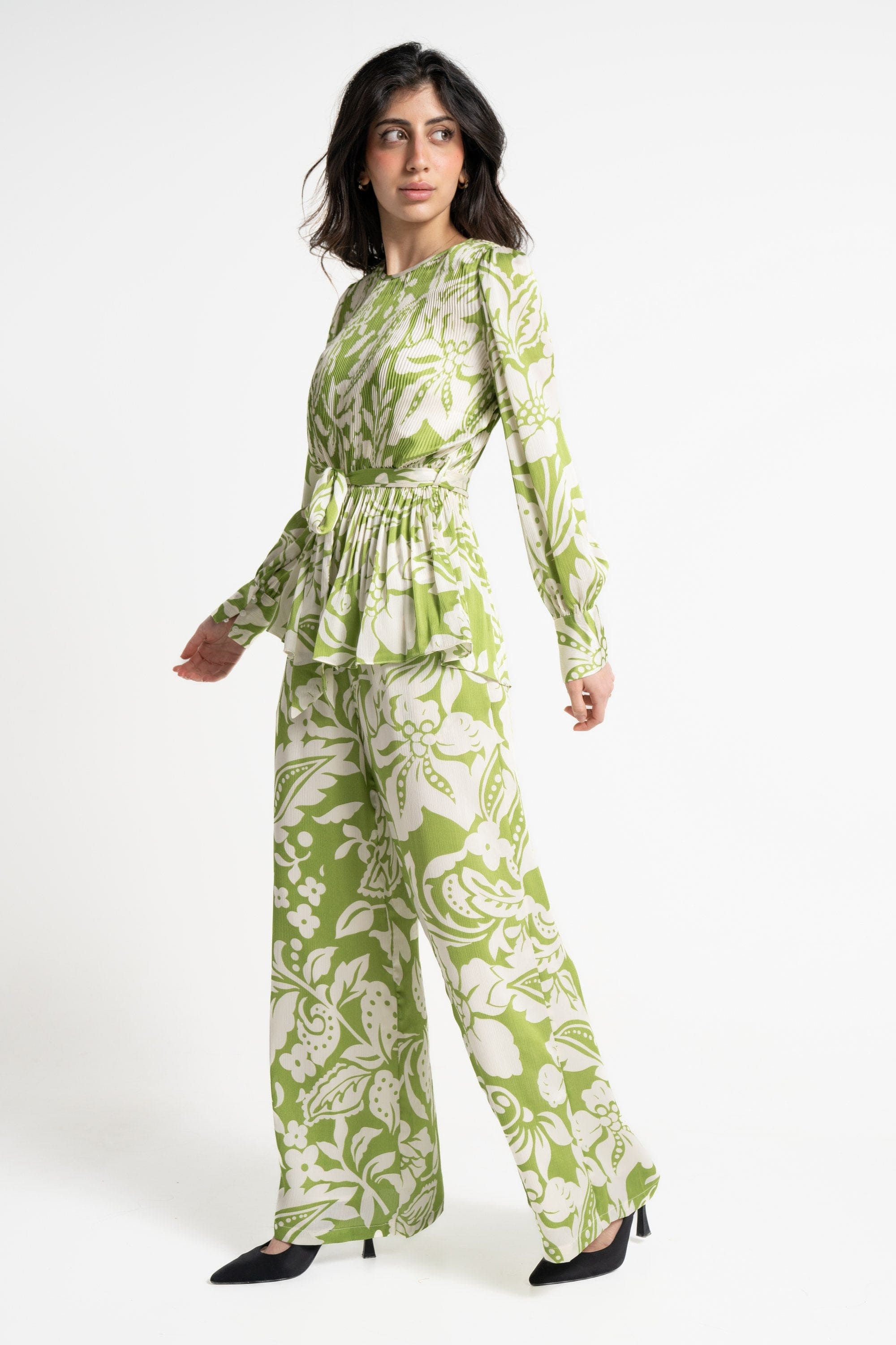 ميكا بنطلون طويل مورد خصر مرتفع واسع نسائي