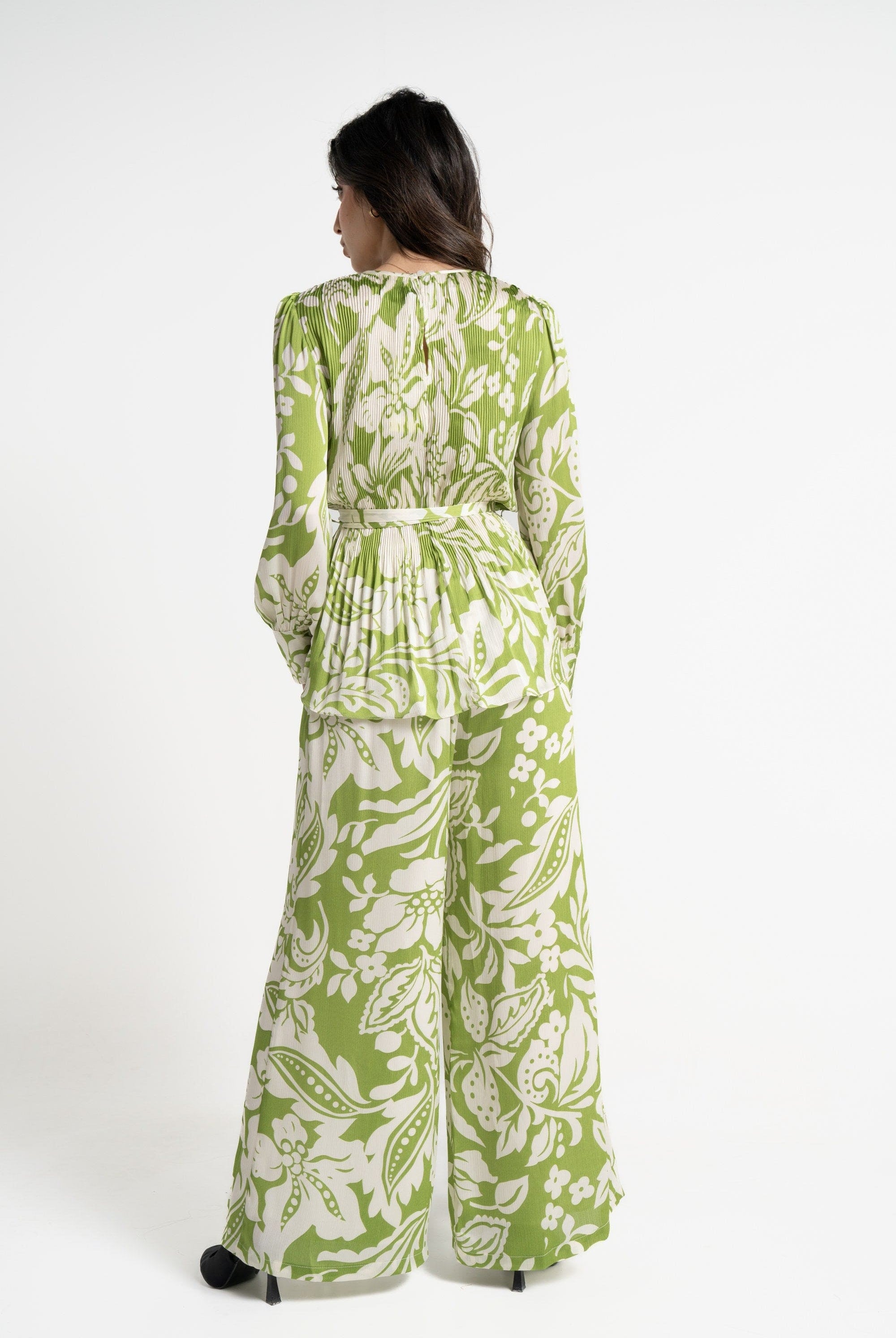 ميكا بنطلون طويل مورد خصر مرتفع واسع نسائي