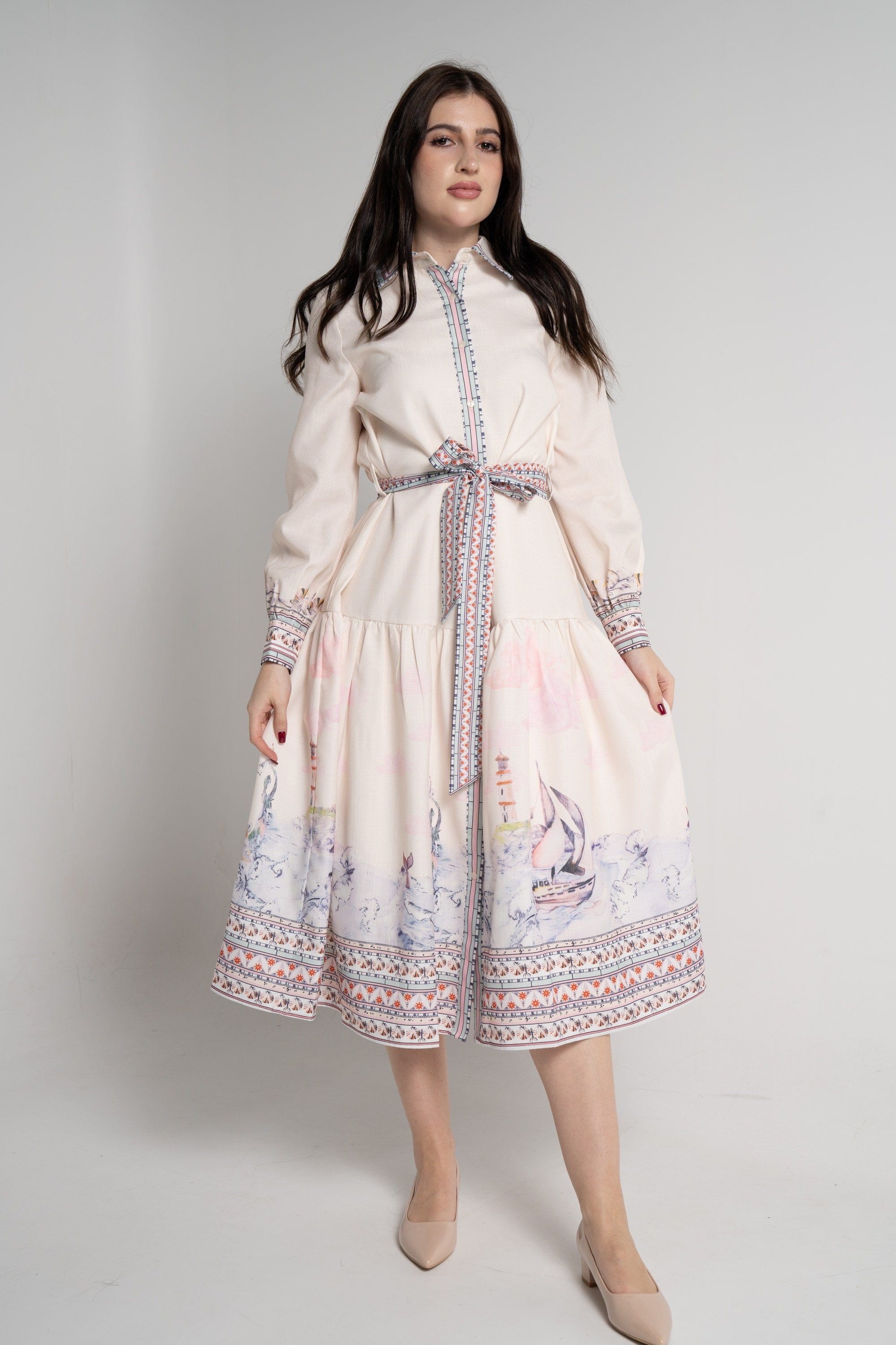 ميكا فستان ميدي بأكمام طويلة منقوشة كم طويل