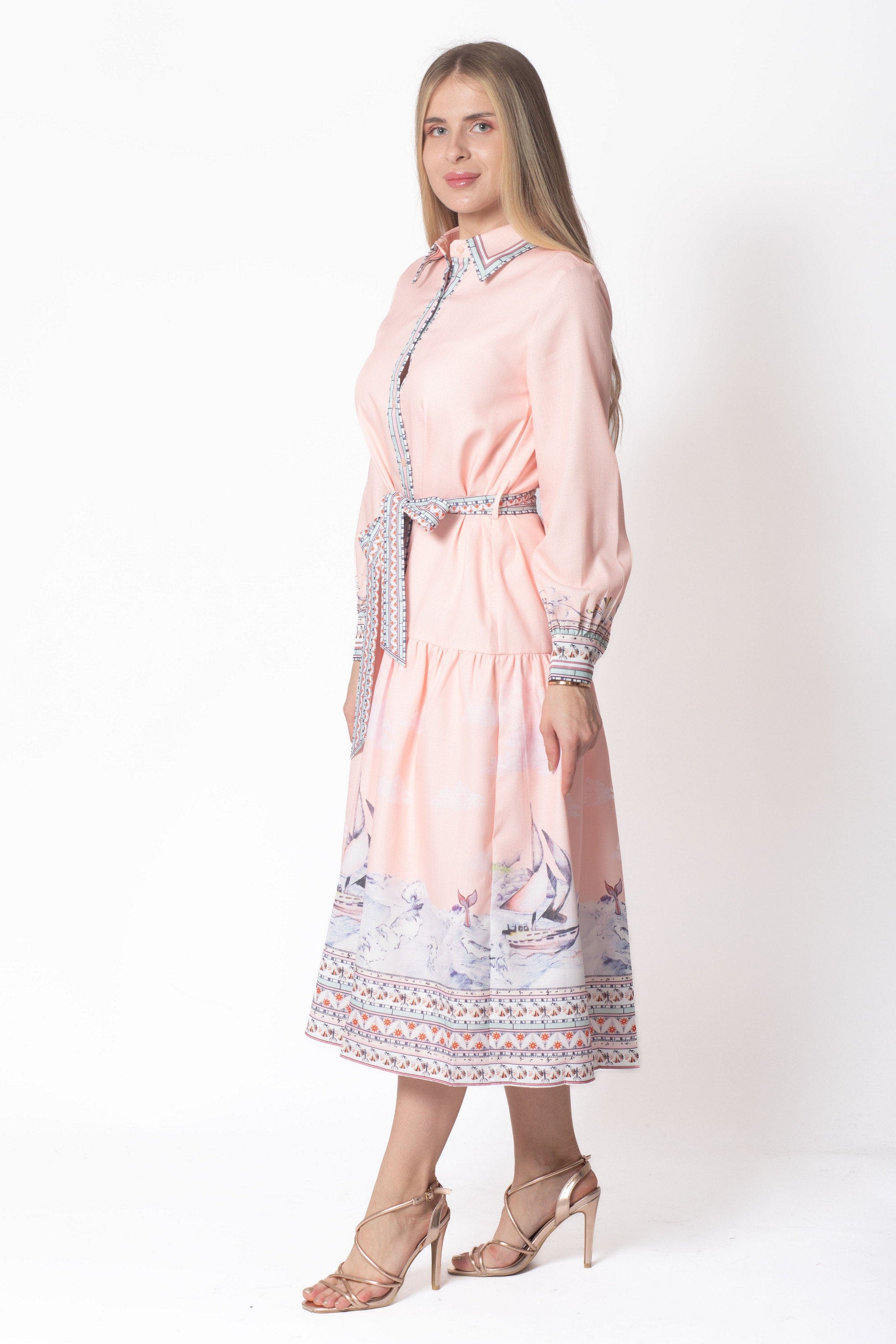 ميكا فستان ميدي بأكمام طويلة منقوشة كم طويل