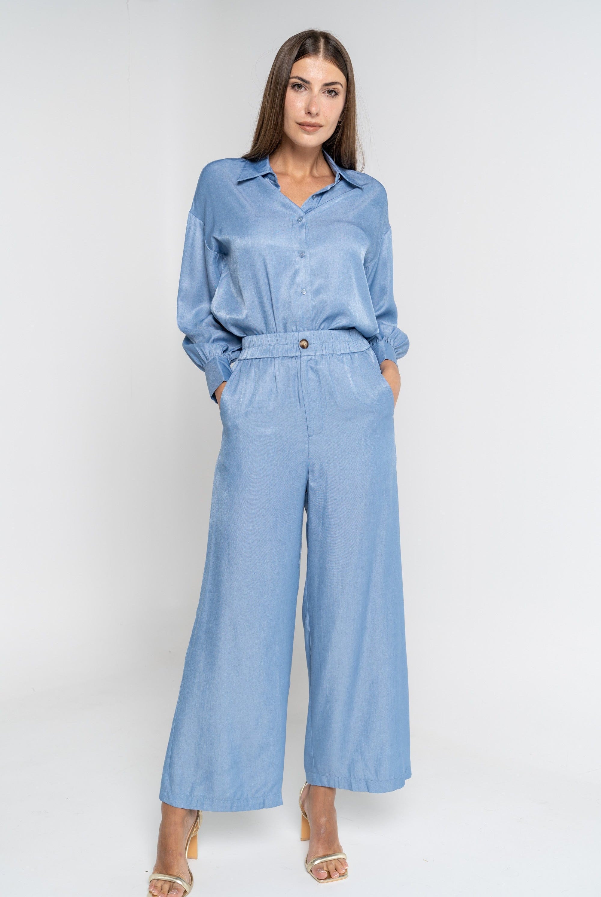 ميكا بنطلون طويل سادة واسع برباط على الخصر نسائي