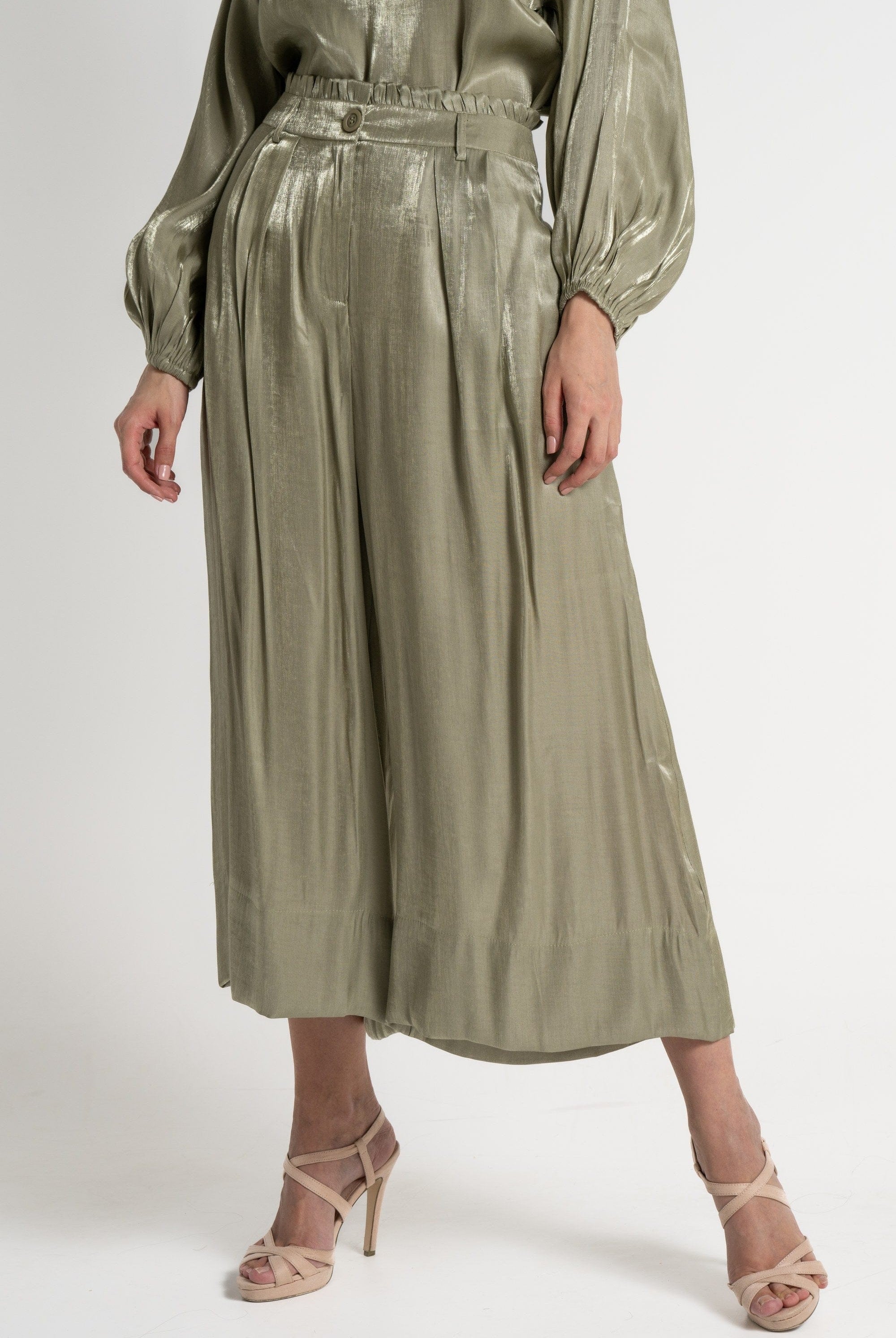 ميكا بنطلون 3/4 لامعة خصر مرتفع سادة نسائي