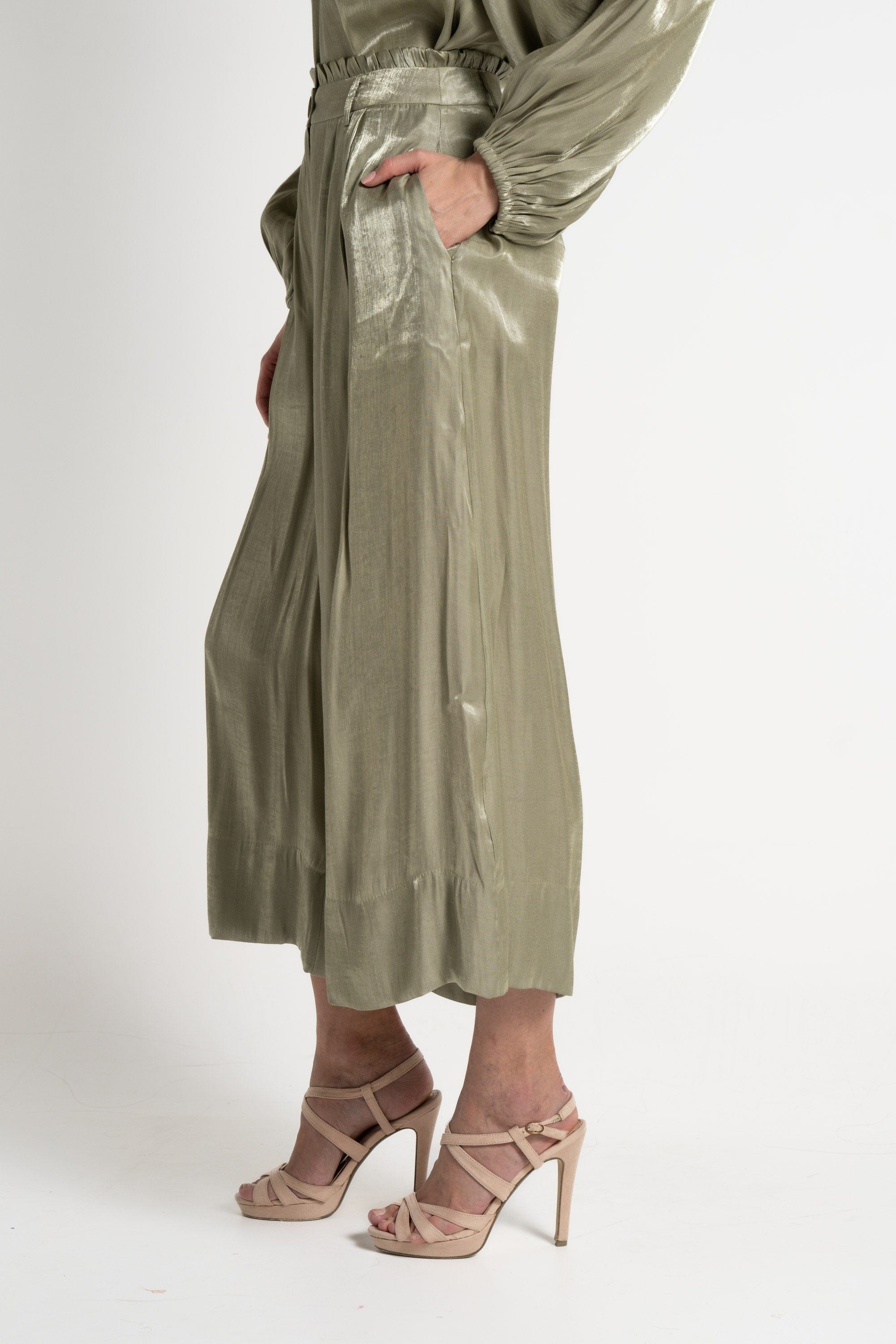 ميكا بنطلون 3/4 لامعة خصر مرتفع سادة نسائي