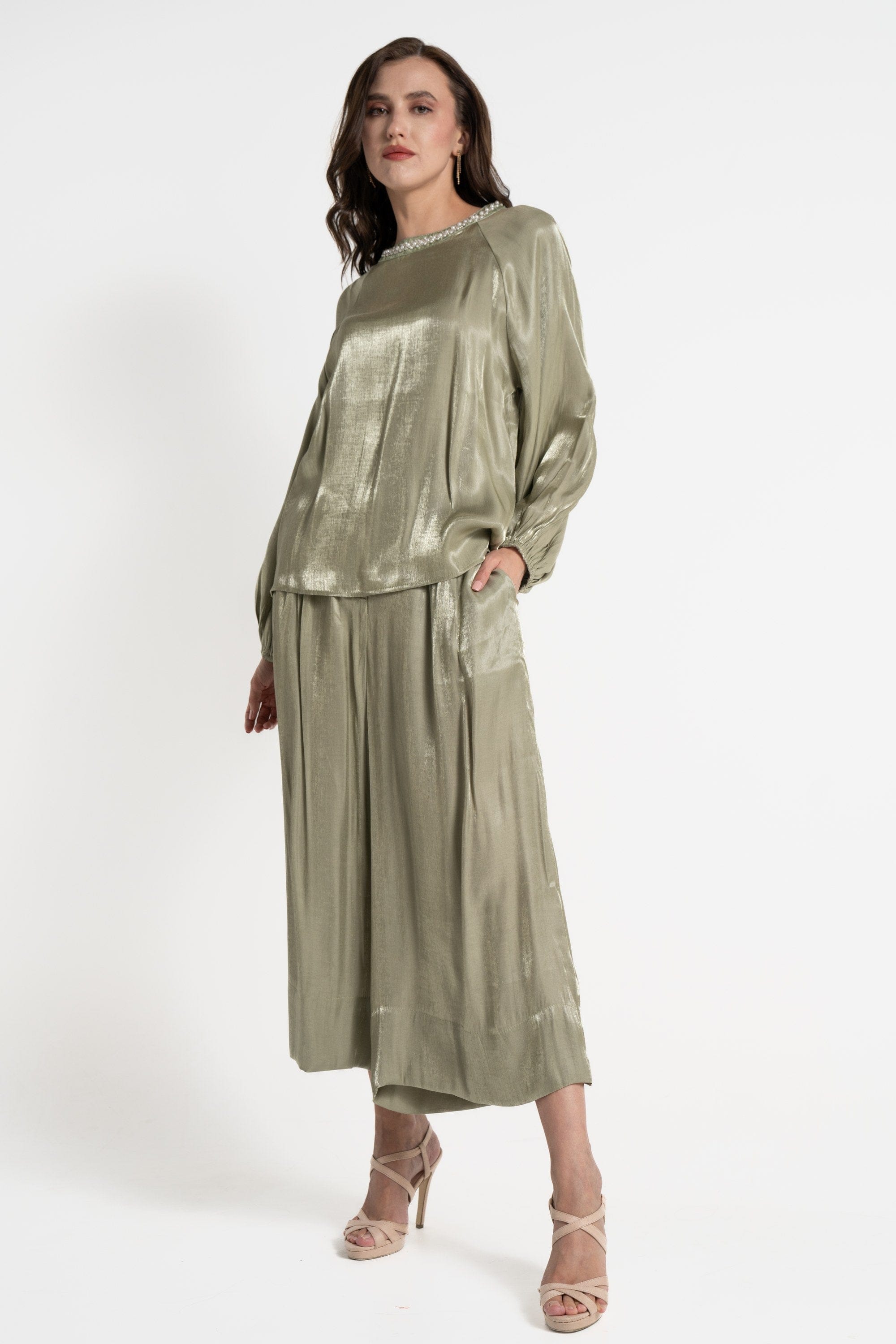 ميكا بنطلون 3/4 لامعة خصر مرتفع سادة نسائي