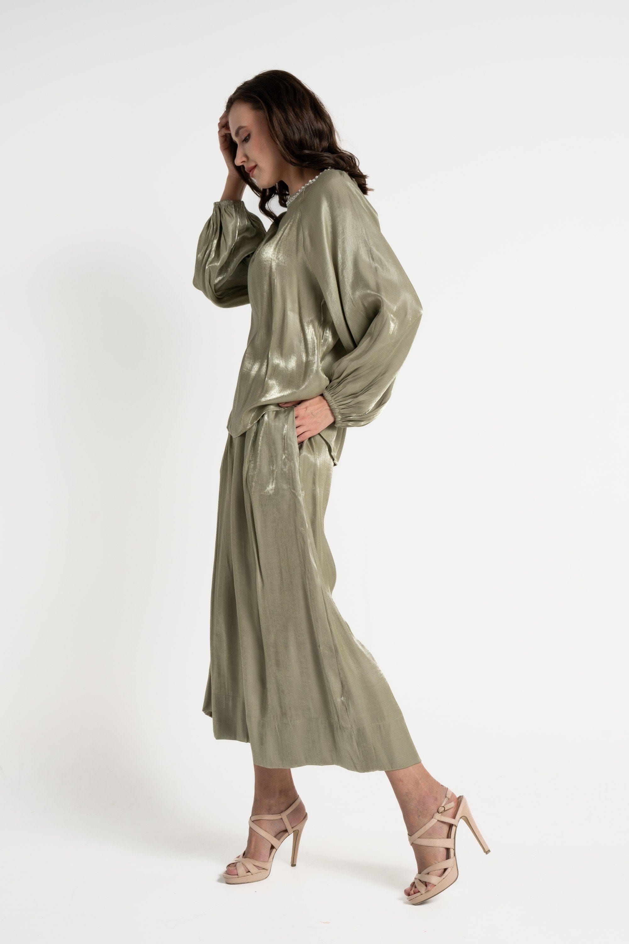 ميكا بنطلون 3/4 لامعة خصر مرتفع سادة نسائي