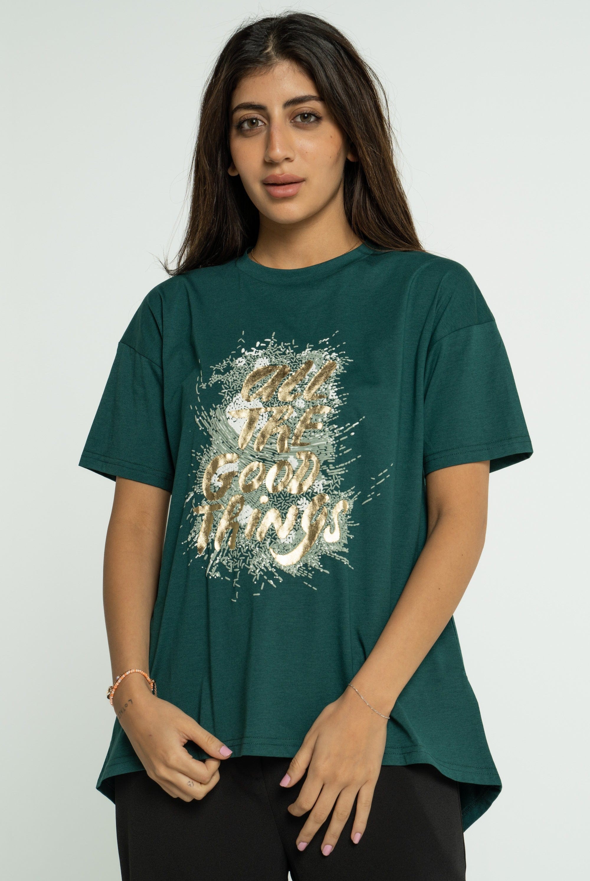 ميكا بلوزة بأكمام قصيرة مطبوعة برقبة دائريية