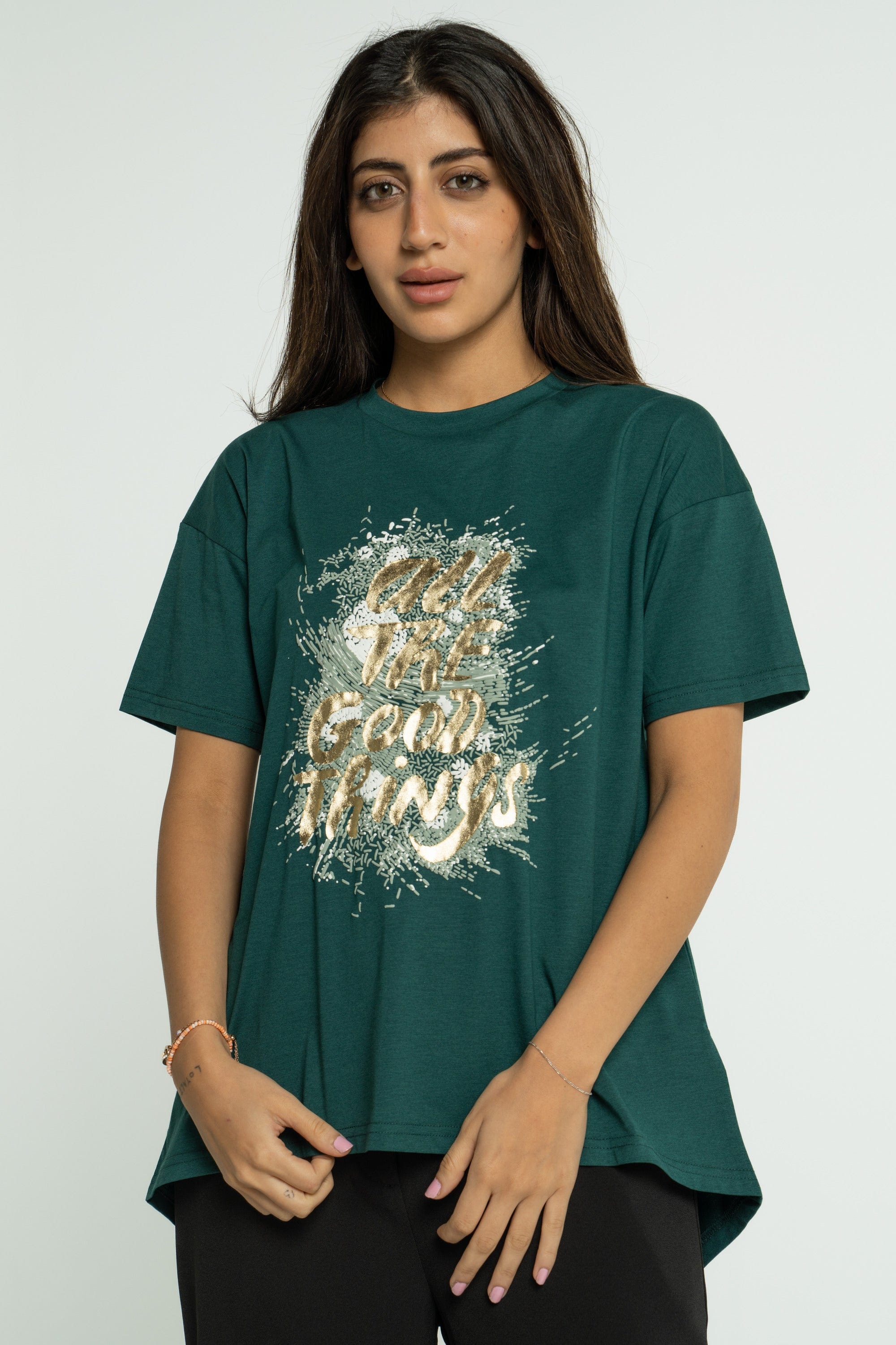 ميكا بلوزة بأكمام قصيرة مطبوعة برقبة دائريية