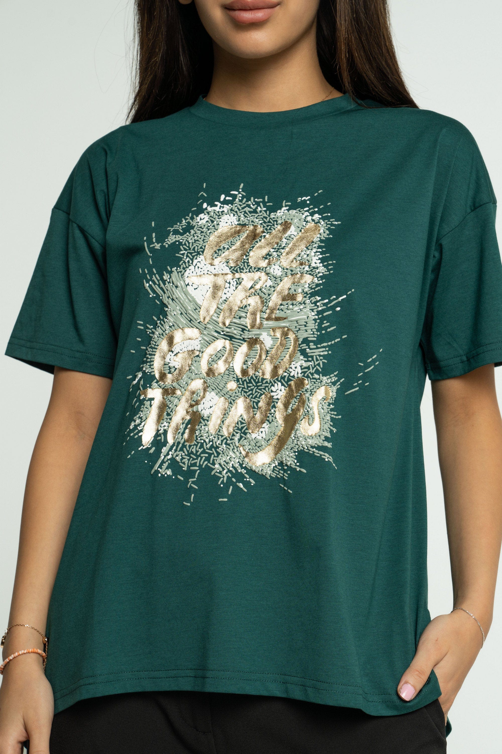 ميكا بلوزة بأكمام قصيرة مطبوعة برقبة دائريية