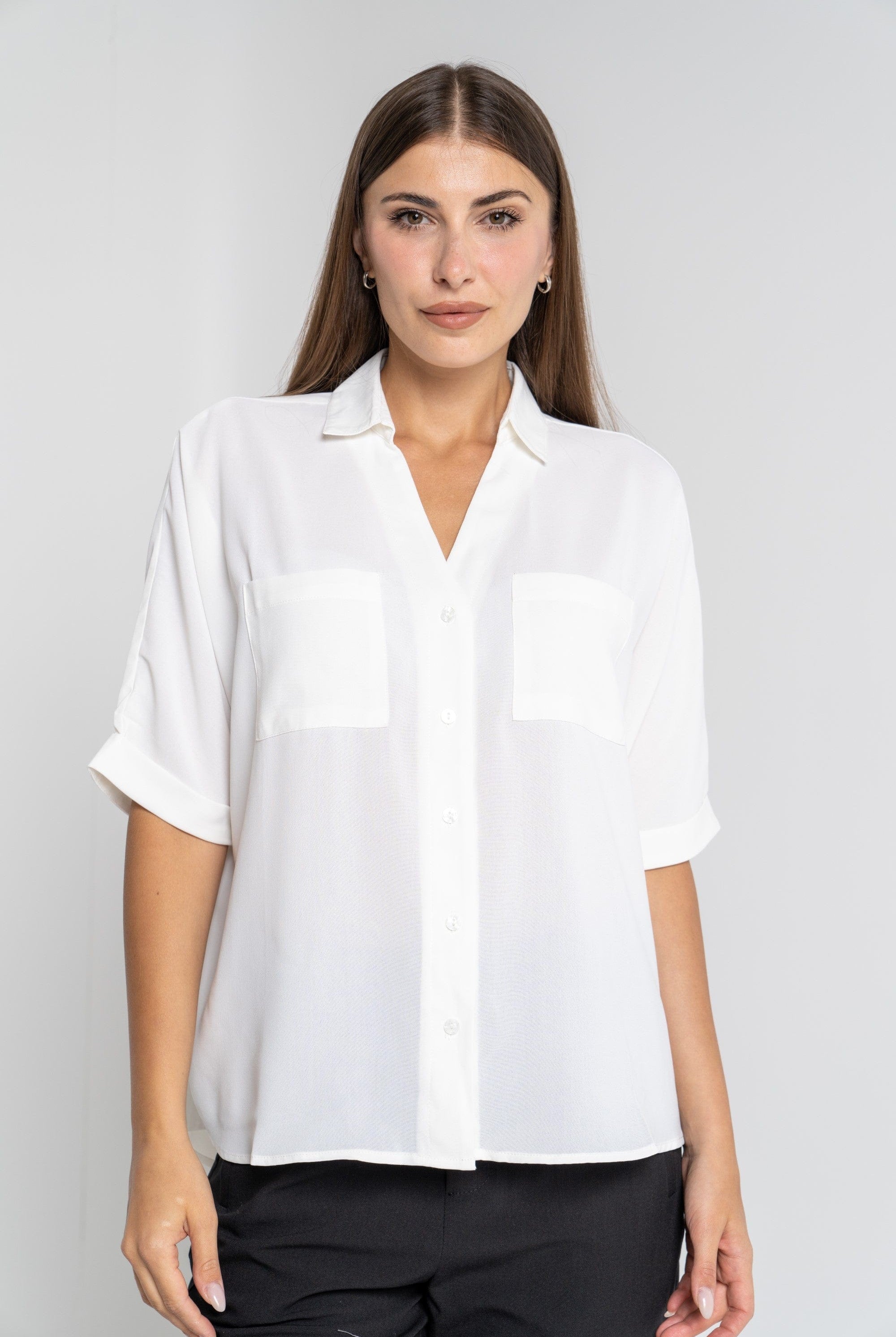 ميكا قميص 3/4 كم سادة بأزرار أمامية رقبة سبعة