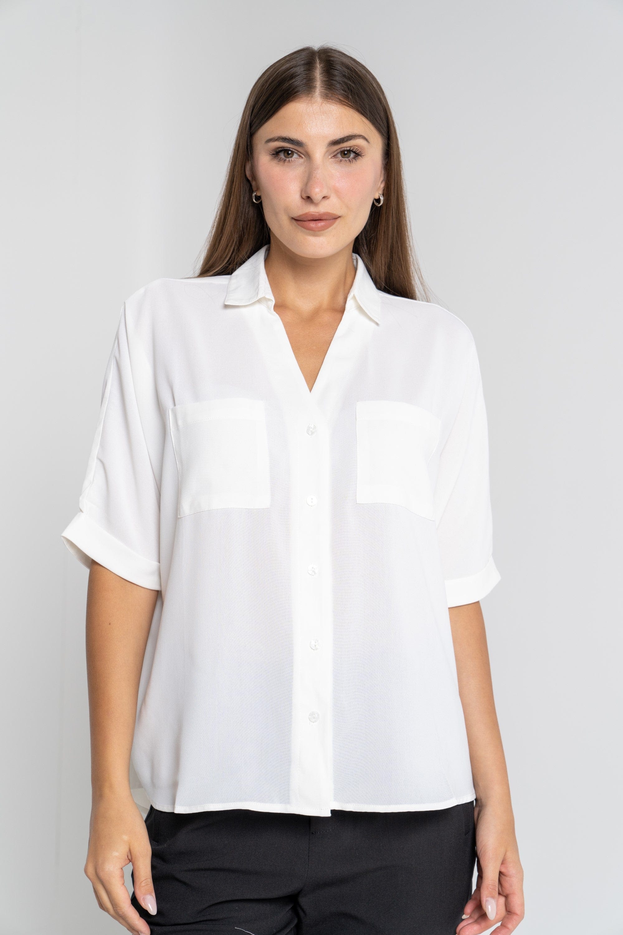 ميكا قميص 3/4 كم سادة بأزرار أمامية رقبة سبعة