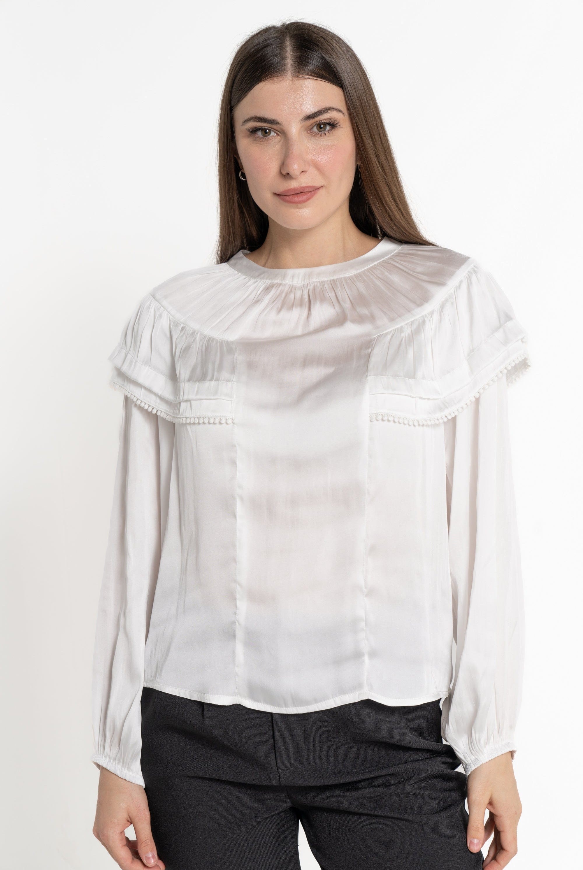 ميكا بلوزة كم طويل بكشكشة على الكتف نسائي