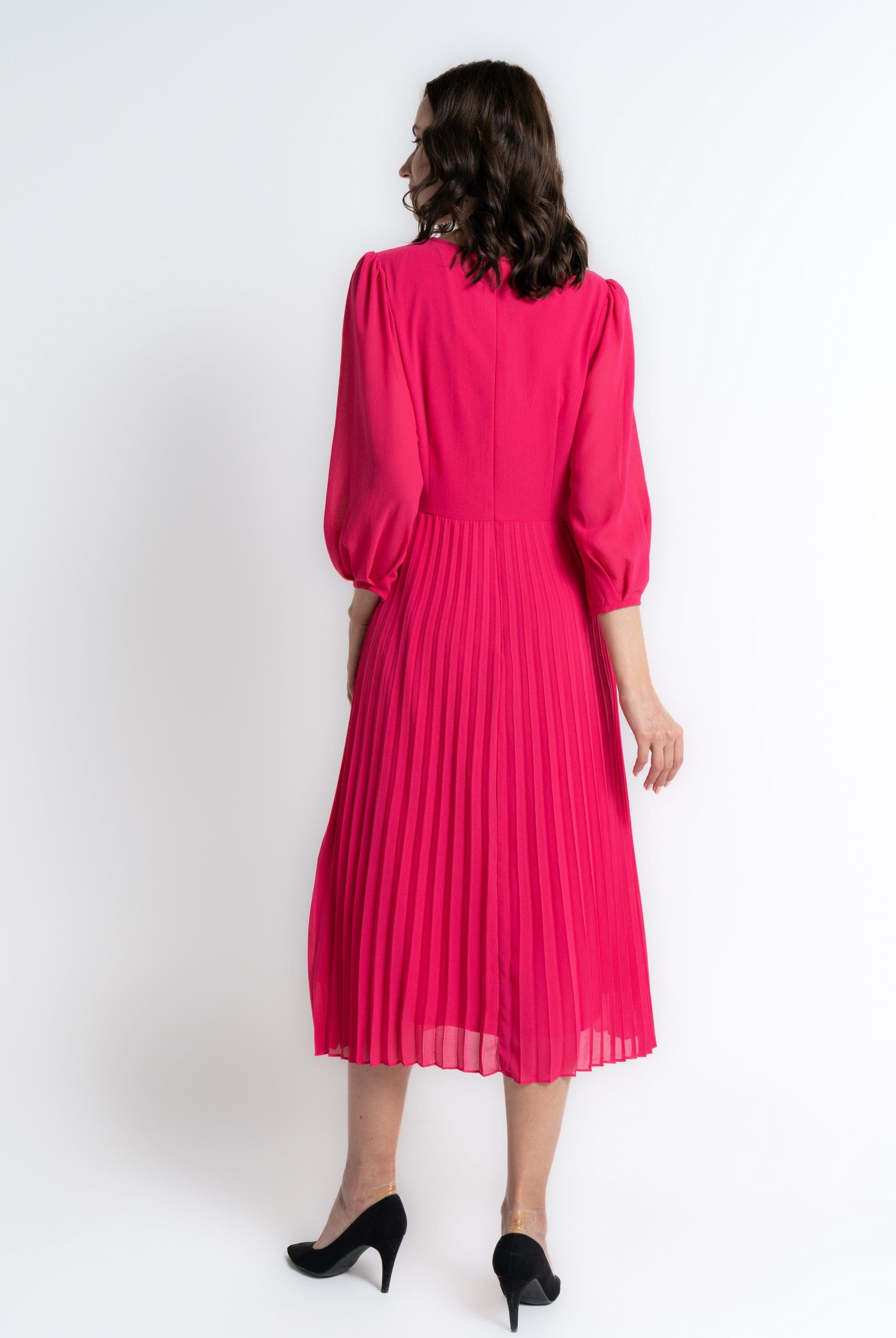 ميكا فستان ميدي بأكمام 3/4 كم سادة بليسيه نسائي فوشيا