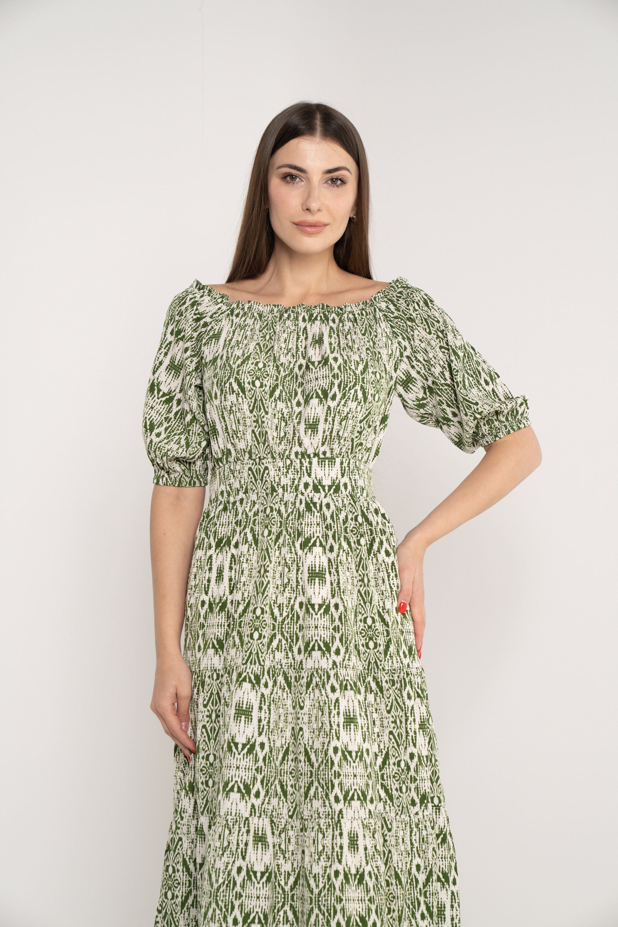 ميكا فستان ماكسي مخصر منقوش أوف شولدر نص كم