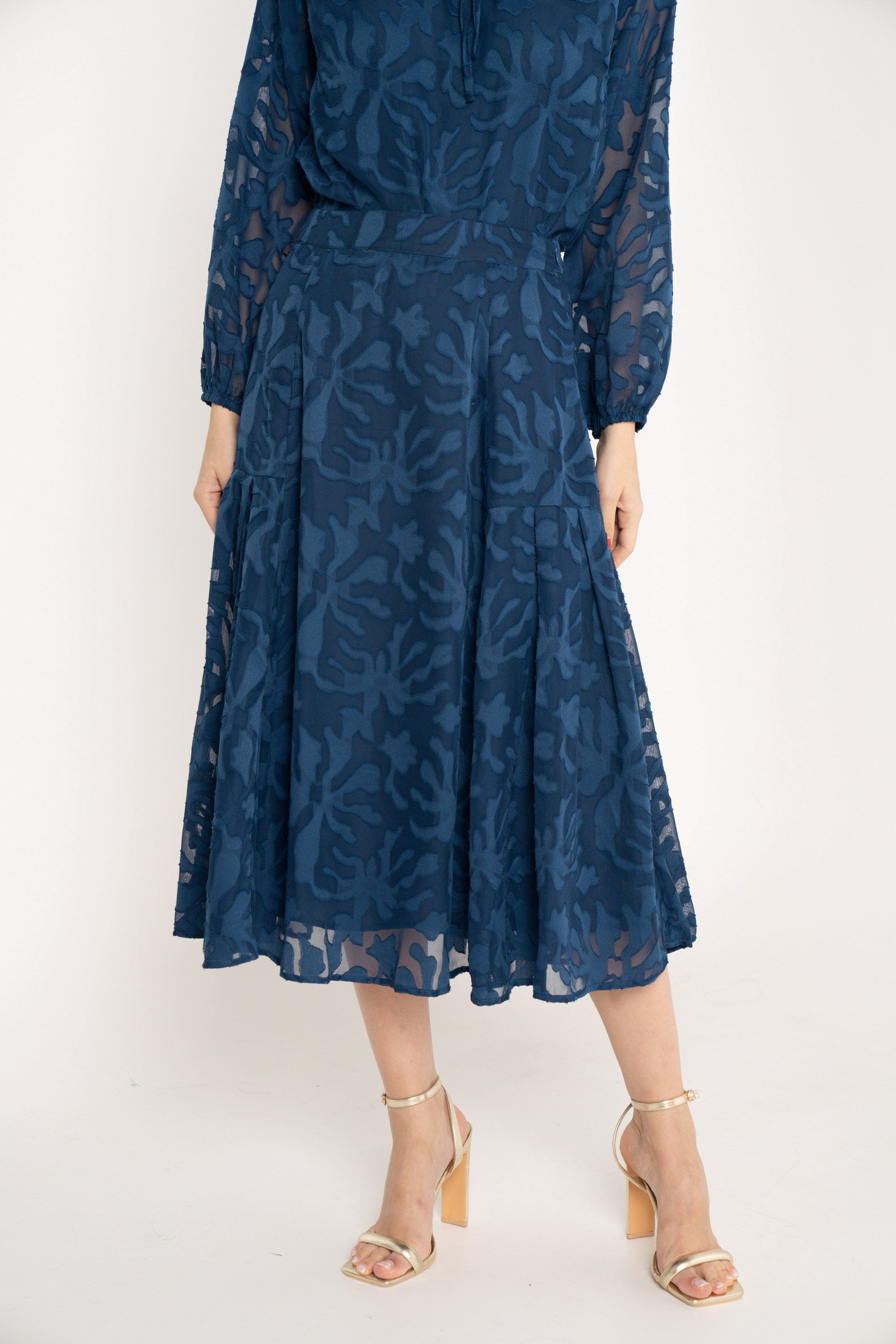 ميكا تنورة ميدي مشجرة خصر مرتفع كلوش نسائي أزرق داكن