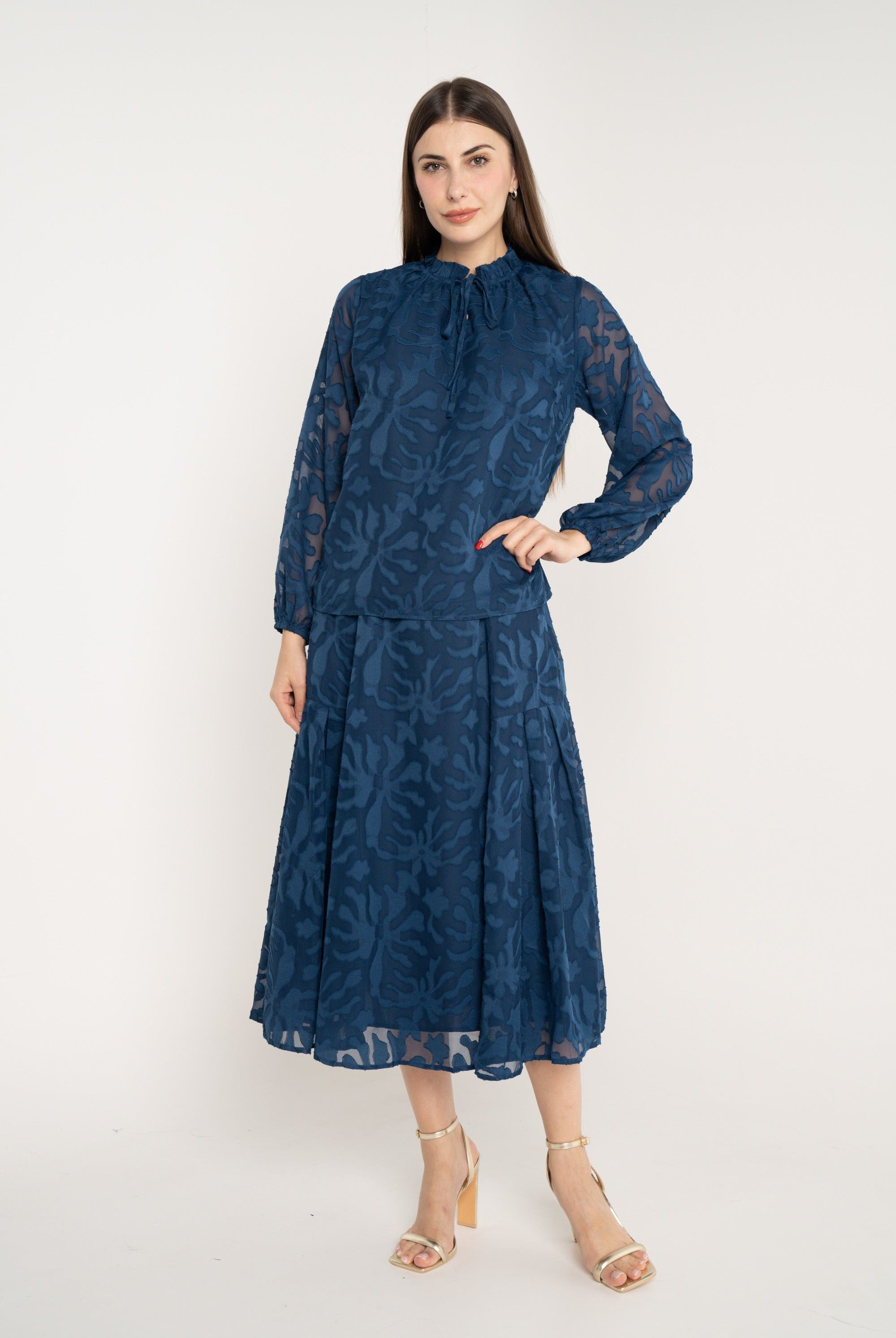 ميكا تنورة ميدي مشجرة خصر مرتفع كلوش نسائي أزرق داكن