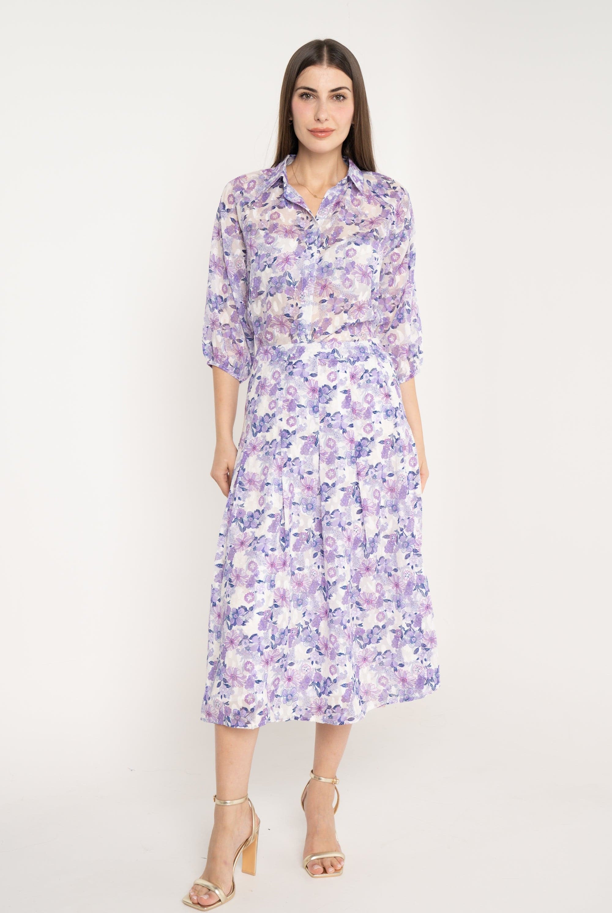 ميكا بلوزة مشجرة بأزرار أمامية وياقة 3/4 كم أرجواني