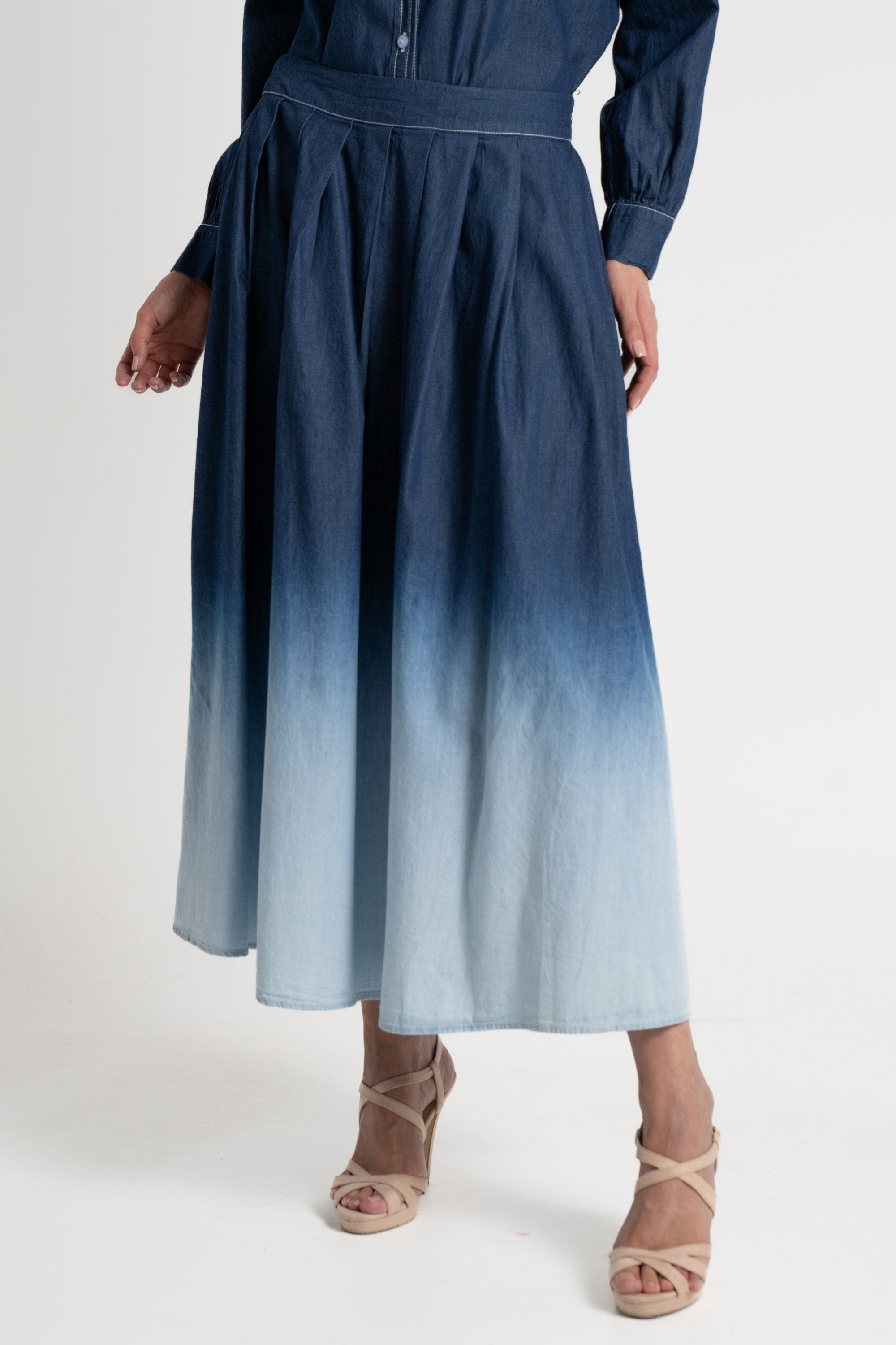 ميكا تنورة ميدي نسائية ملونة بخصر مرتفع أزرق