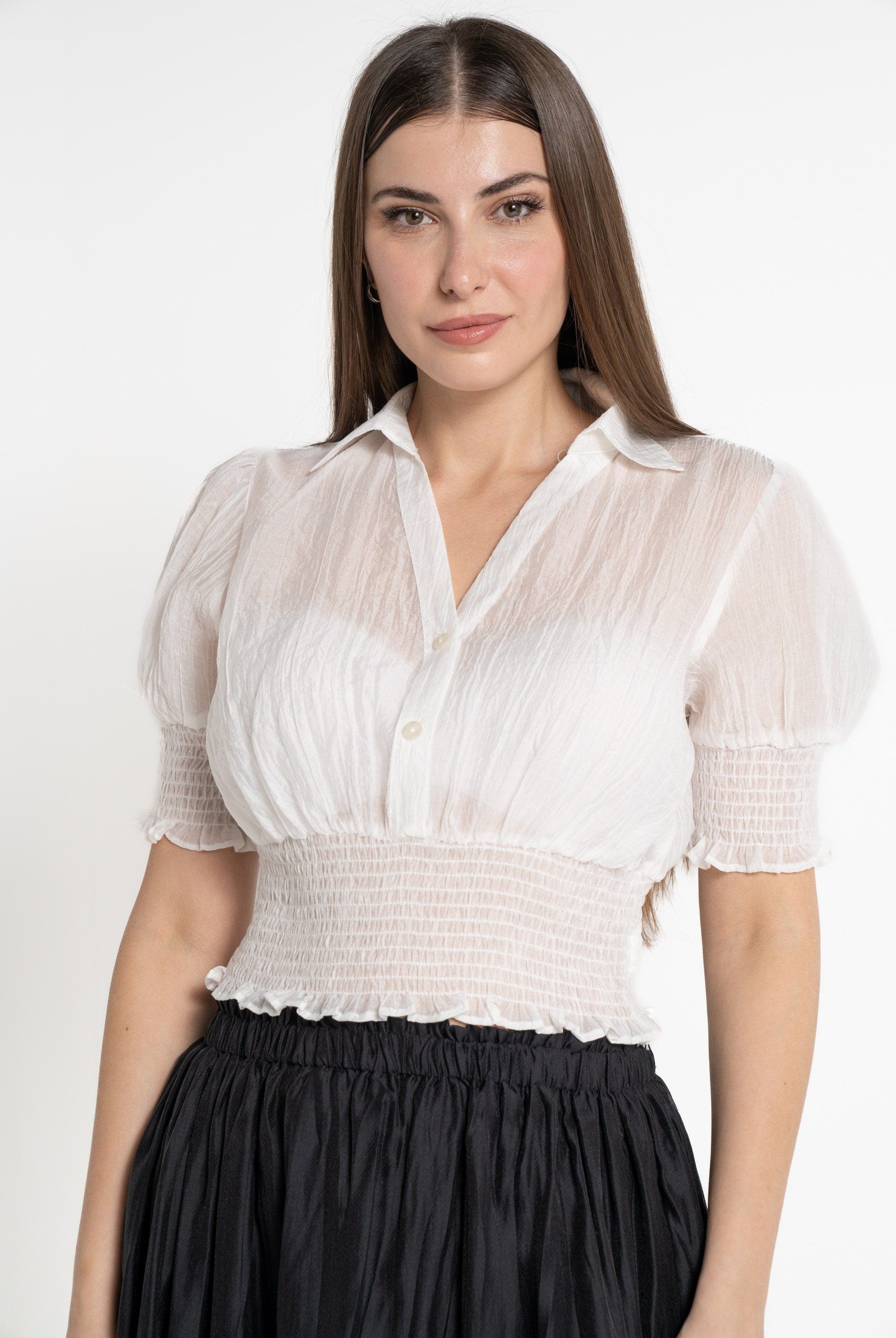 ميكا بلوزة بأكمام قصيرة بخصر مطاطي قصيرة