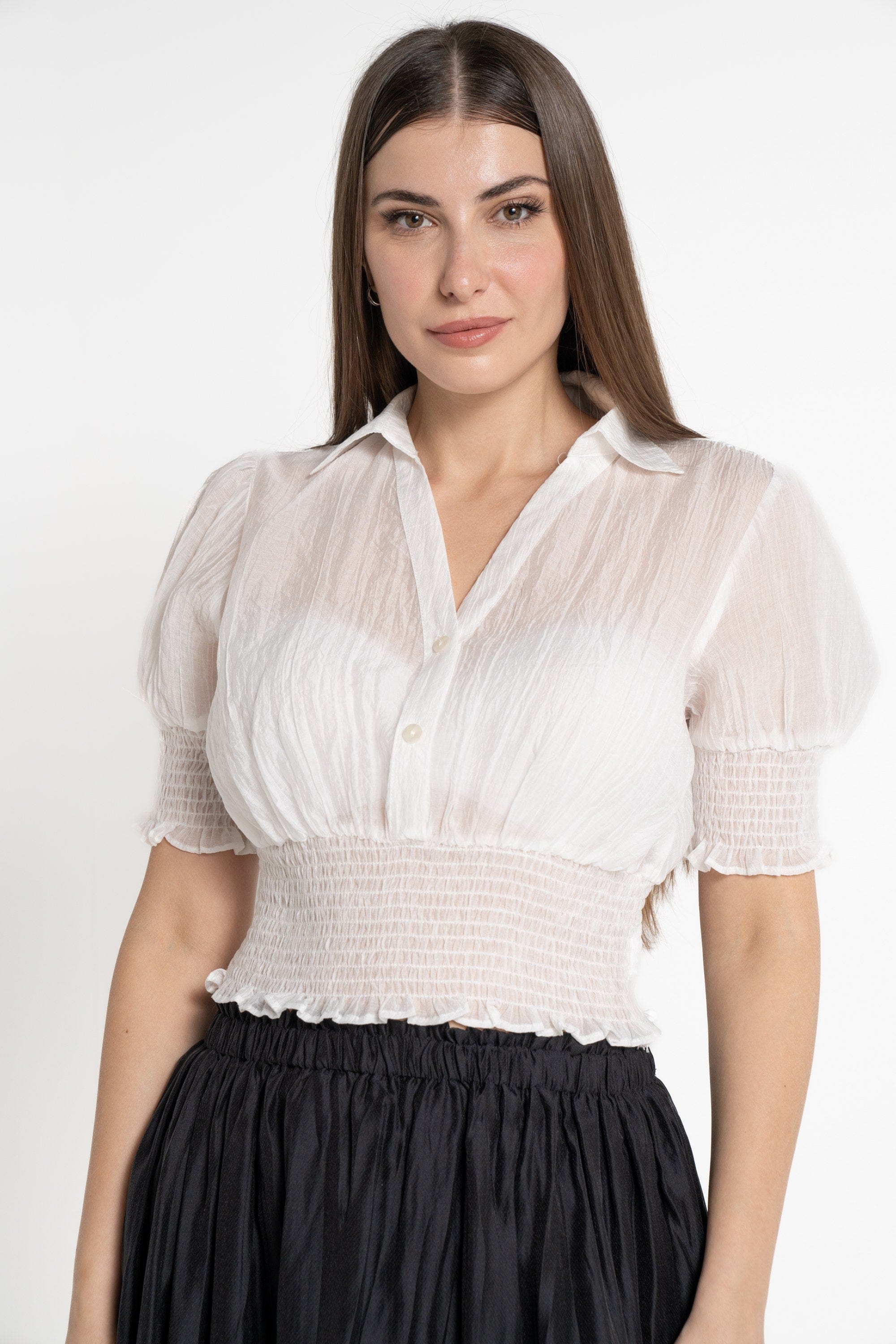 ميكا بلوزة بأكمام قصيرة بخصر مطاطي قصيرة