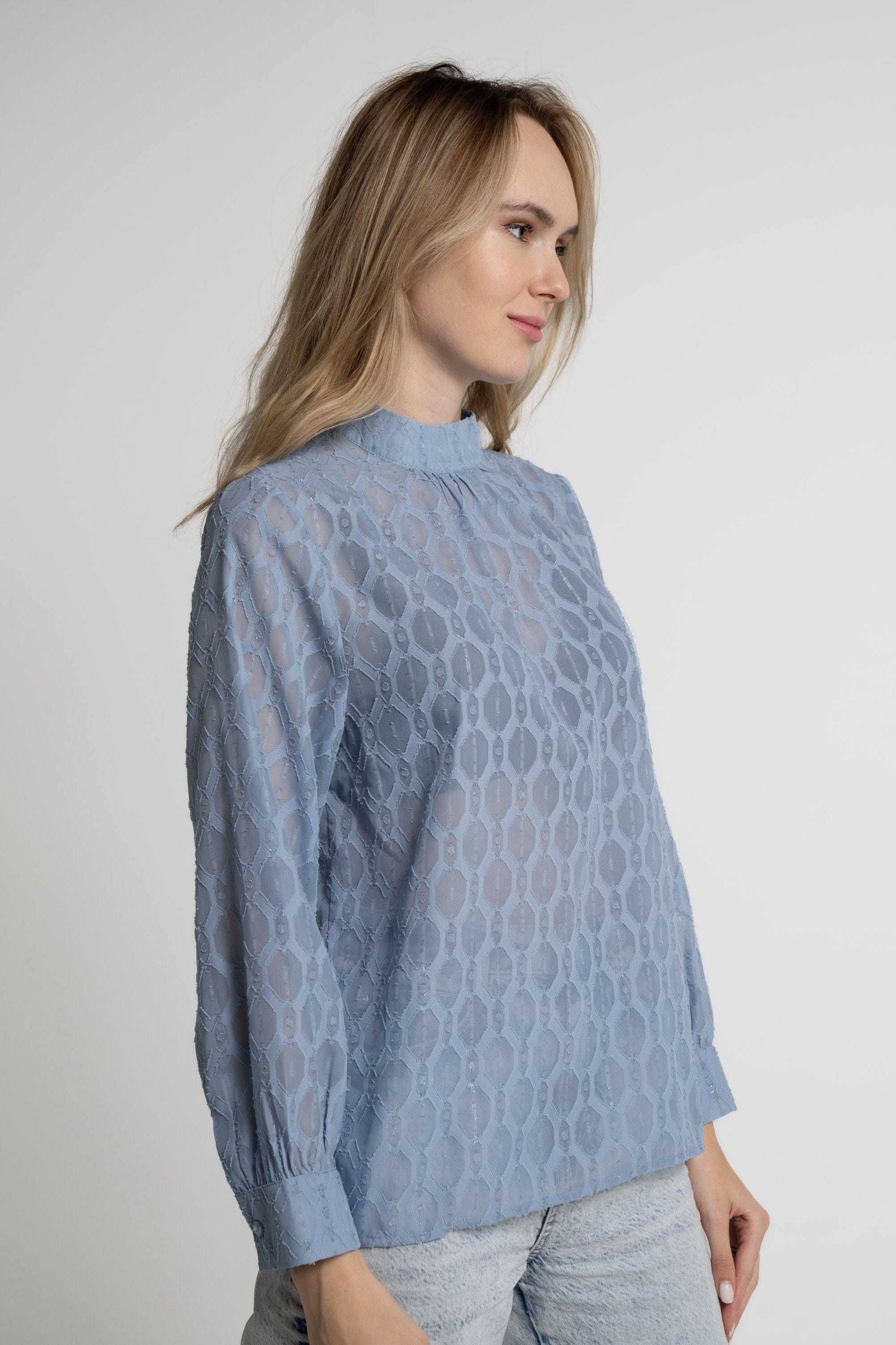 ميكا بلوزة بأكمام طويلة نسائية شفافة برقبة مرتفعة