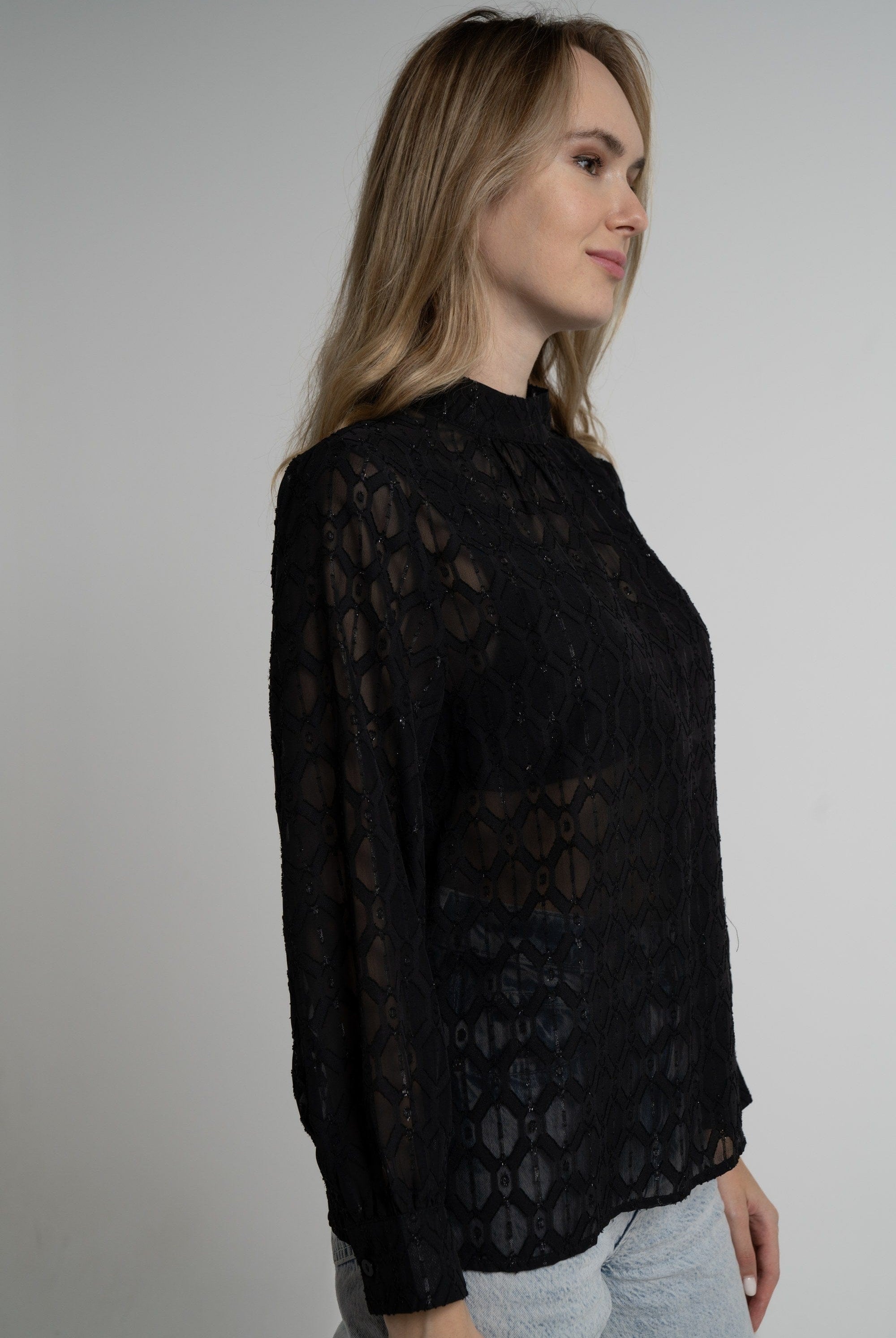 ميكا بلوزة بأكمام طويلة نسائية شفافة برقبة مرتفعة