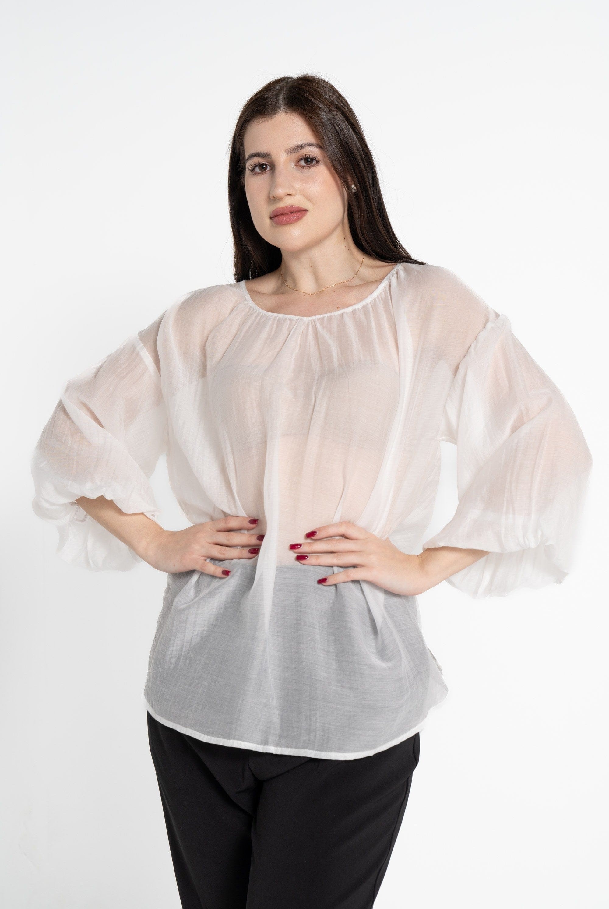 ميكا بلوزة بأكمام 3/4 شفاف بف نسائي