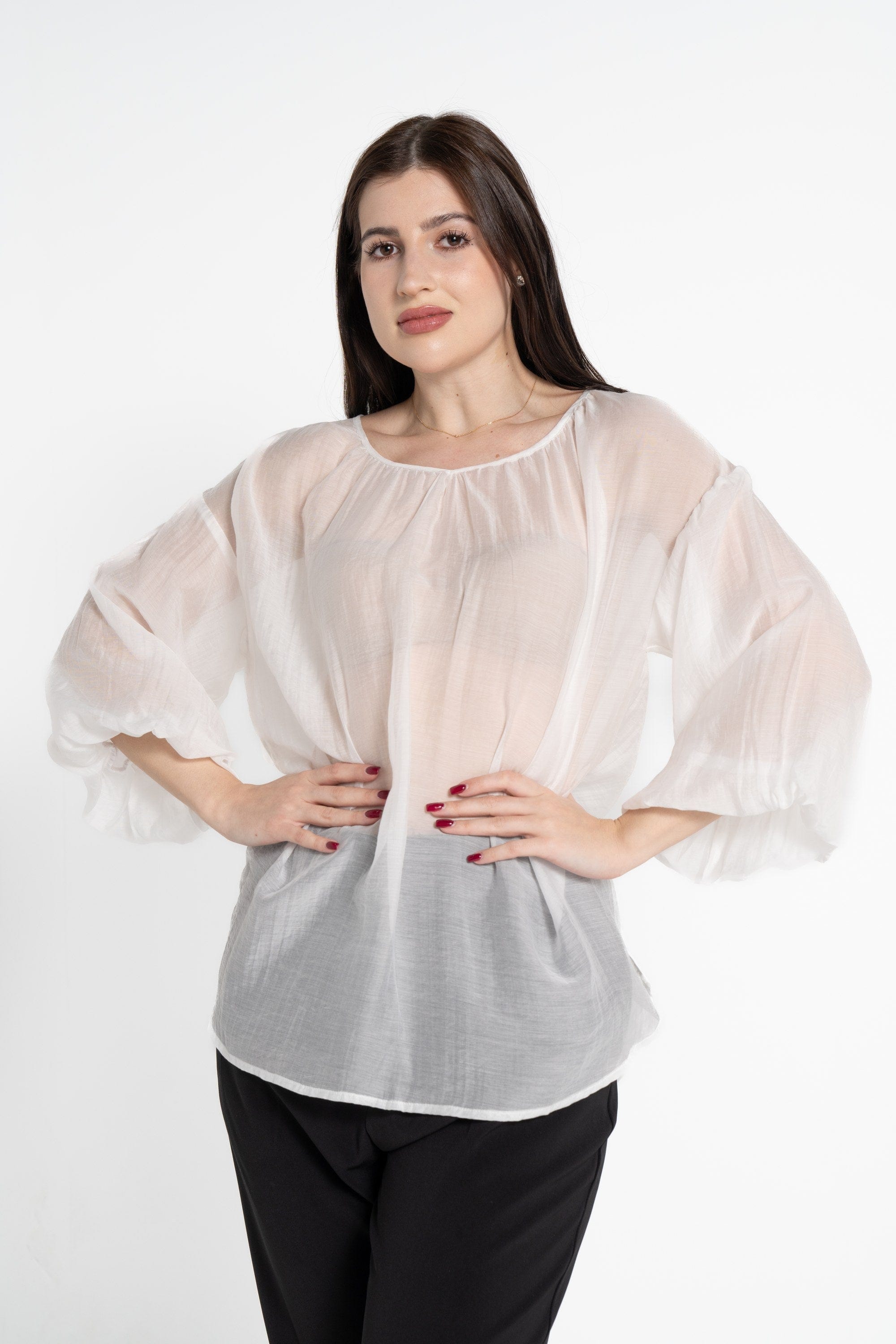 ميكا بلوزة بأكمام 3/4 شفاف بف نسائي