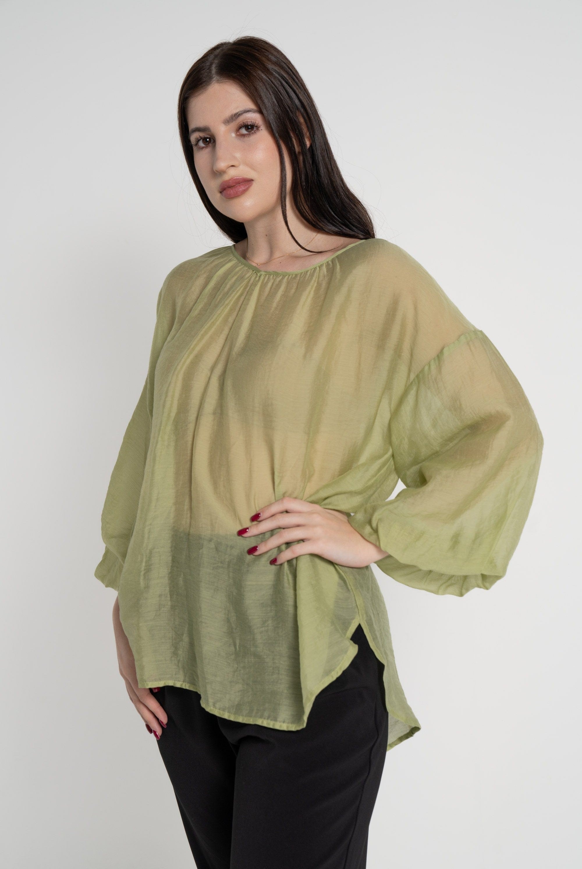 ميكا بلوزة بأكمام 3/4 شفاف بف نسائي