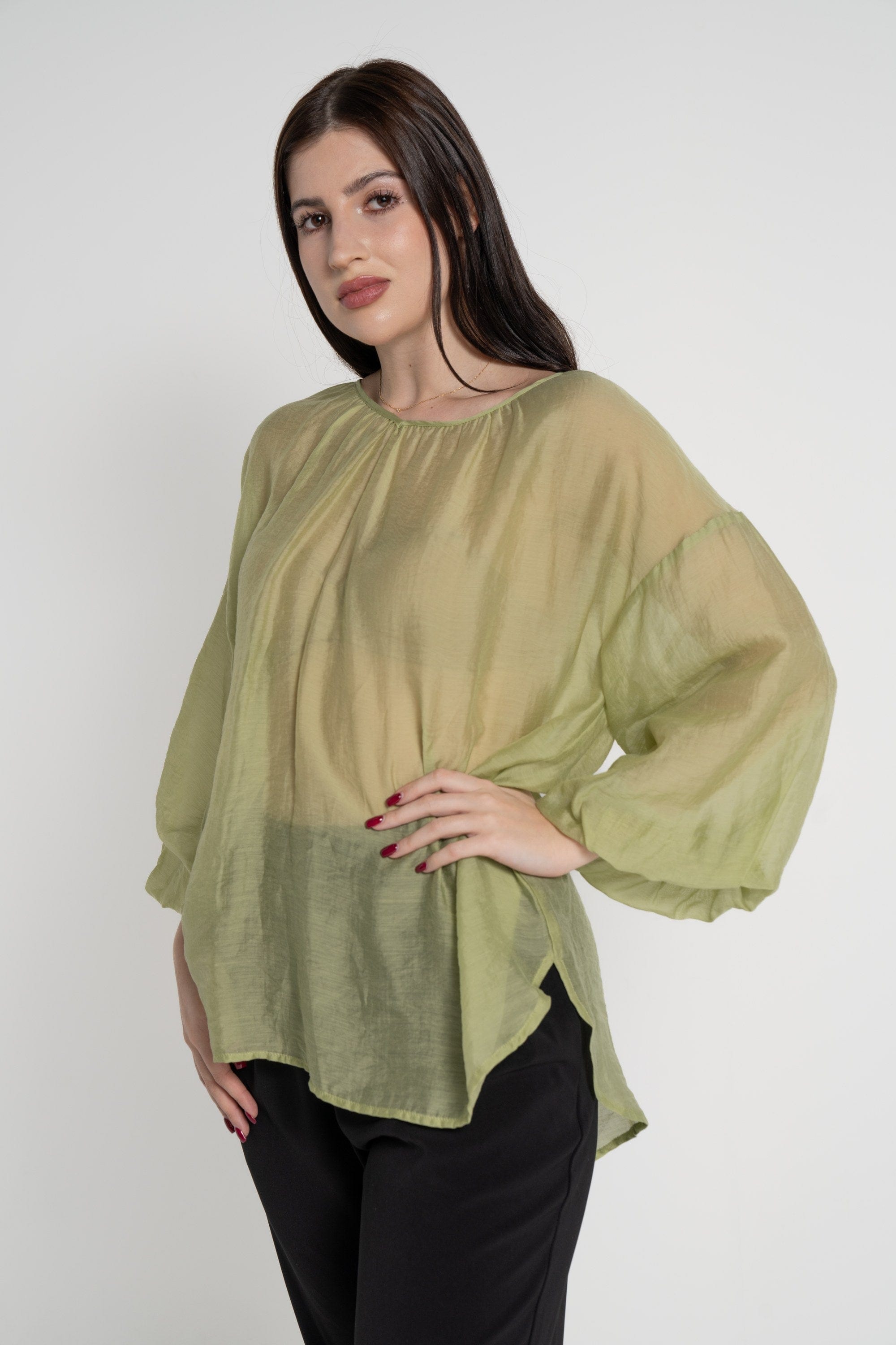 ميكا بلوزة بأكمام 3/4 شفاف بف نسائي