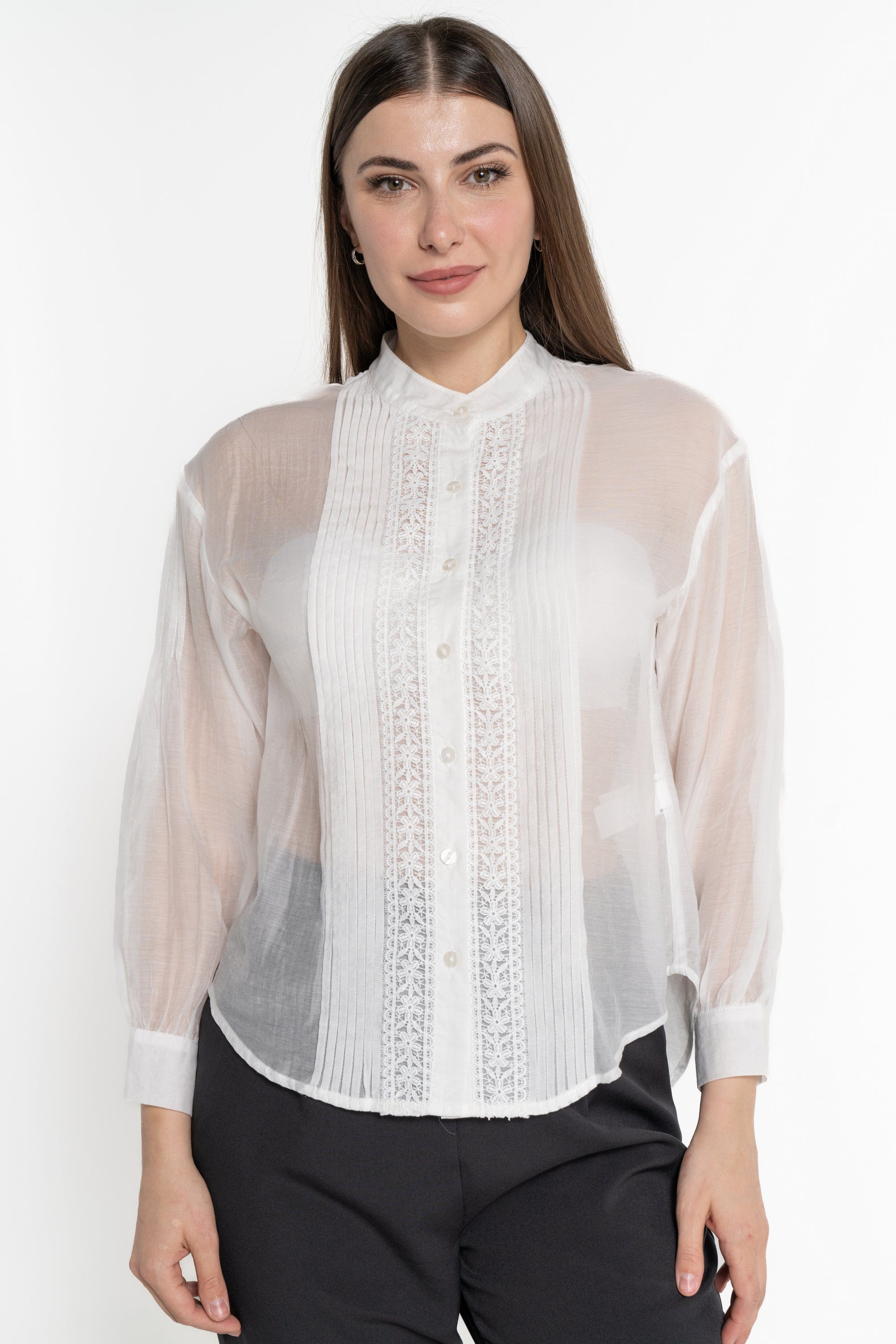 ميكا بلوزة كم طويل شفافة بأزرار أمامية نسائي