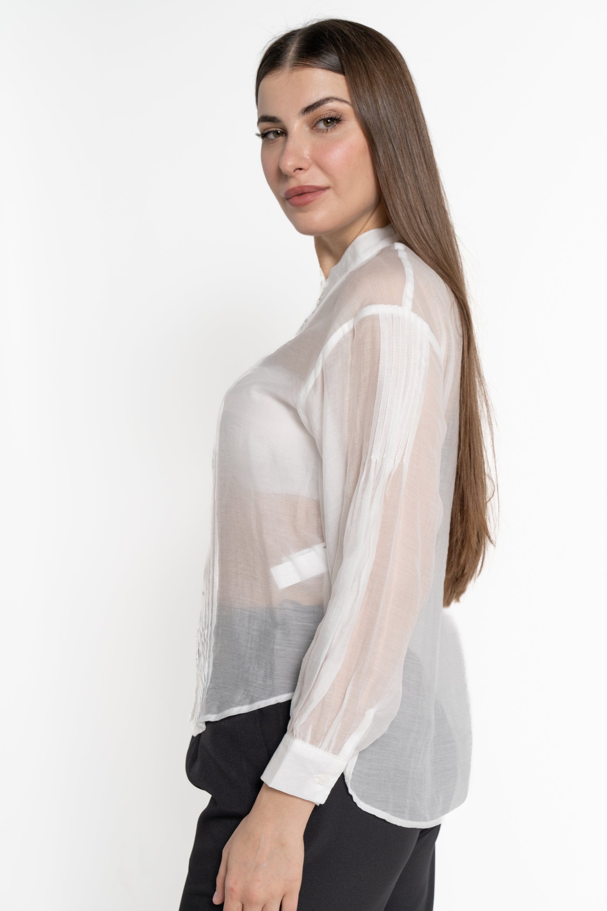 ميكا بلوزة كم طويل شفافة بأزرار أمامية نسائي