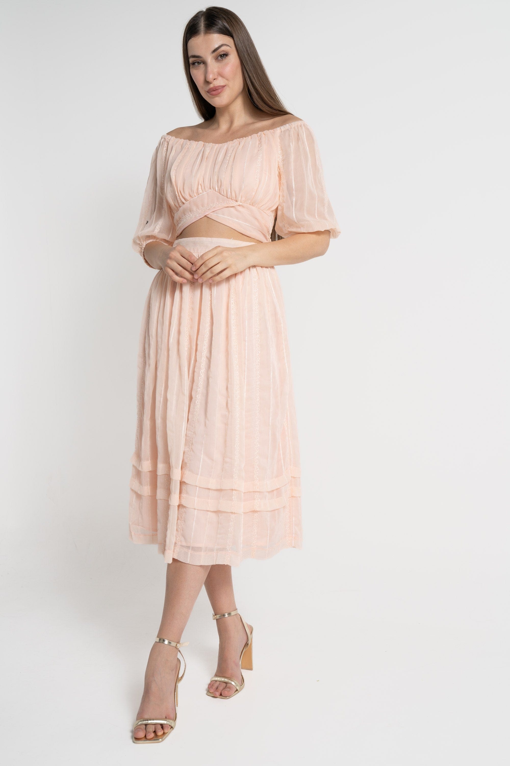 ميكا بلوزة خصر مرتفع أوف شولدر بأكمام 3/4 نسائي وردي فاتح