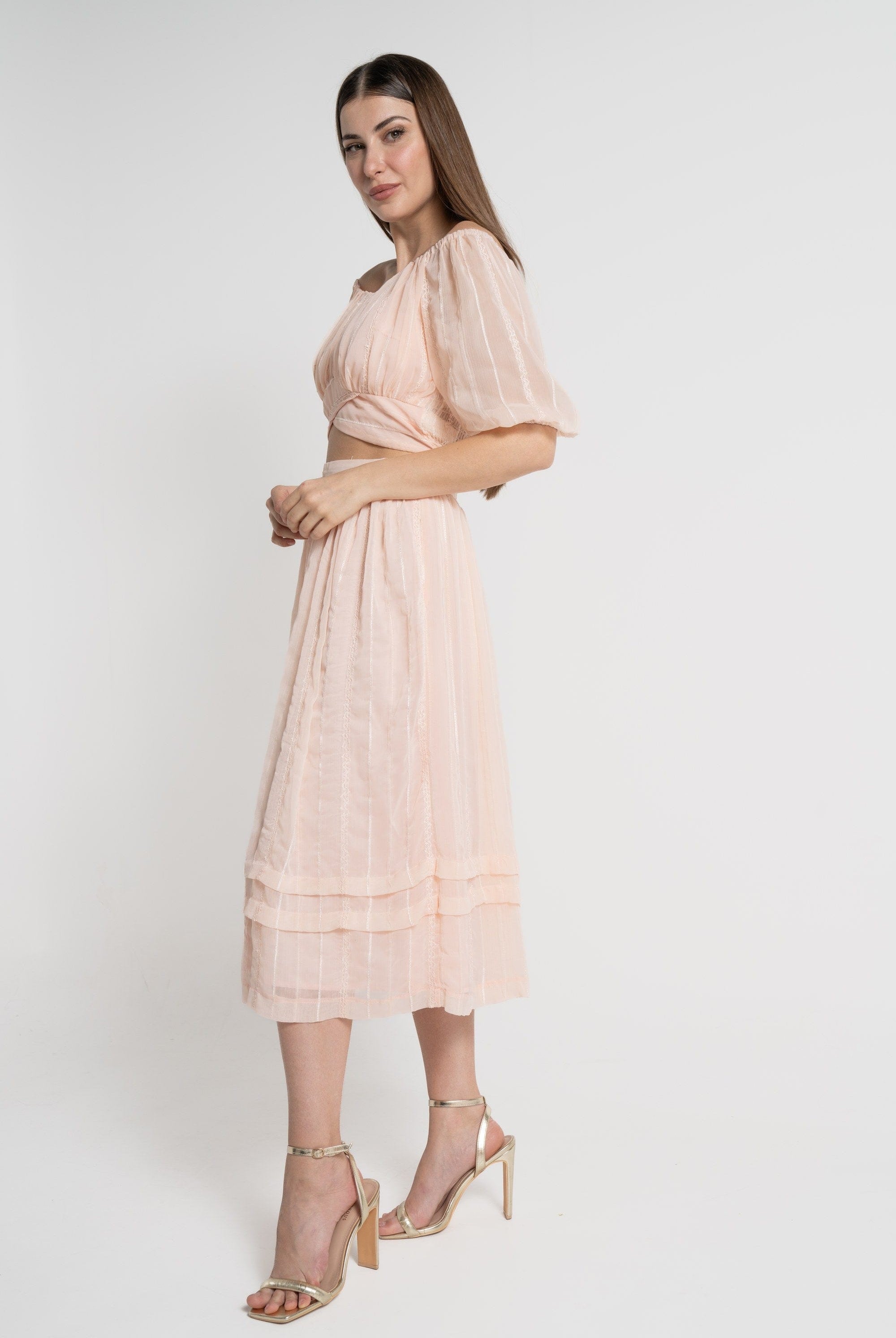 ميكا بلوزة خصر مرتفع أوف شولدر بأكمام 3/4 نسائي وردي فاتح