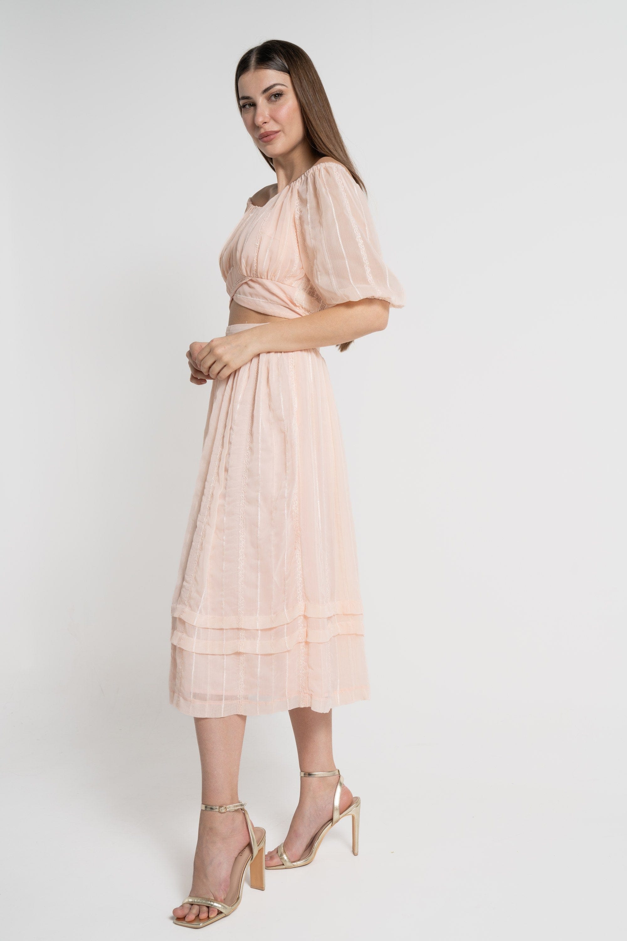 ميكا بلوزة خصر مرتفع أوف شولدر بأكمام 3/4 نسائي وردي فاتح