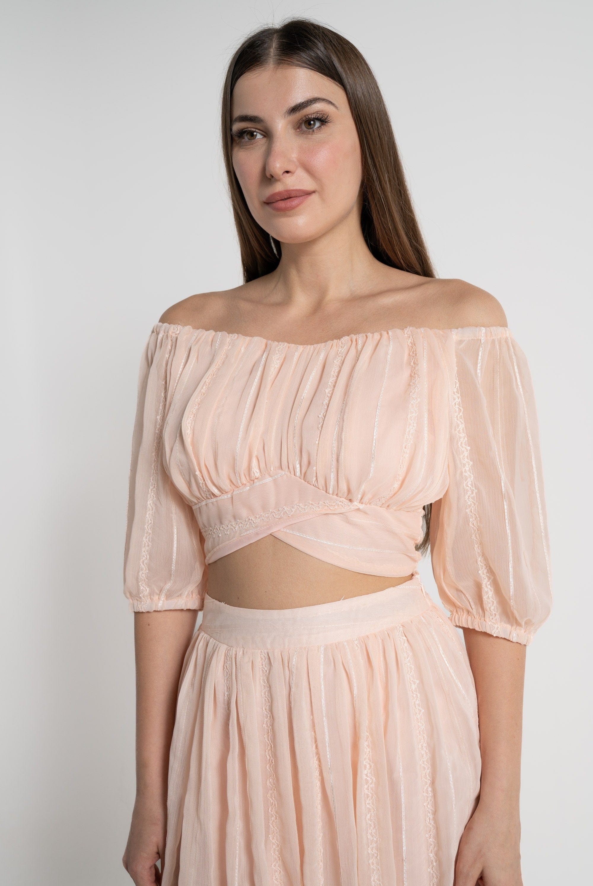 ميكا بلوزة خصر مرتفع أوف شولدر بأكمام 3/4 نسائي وردي فاتح